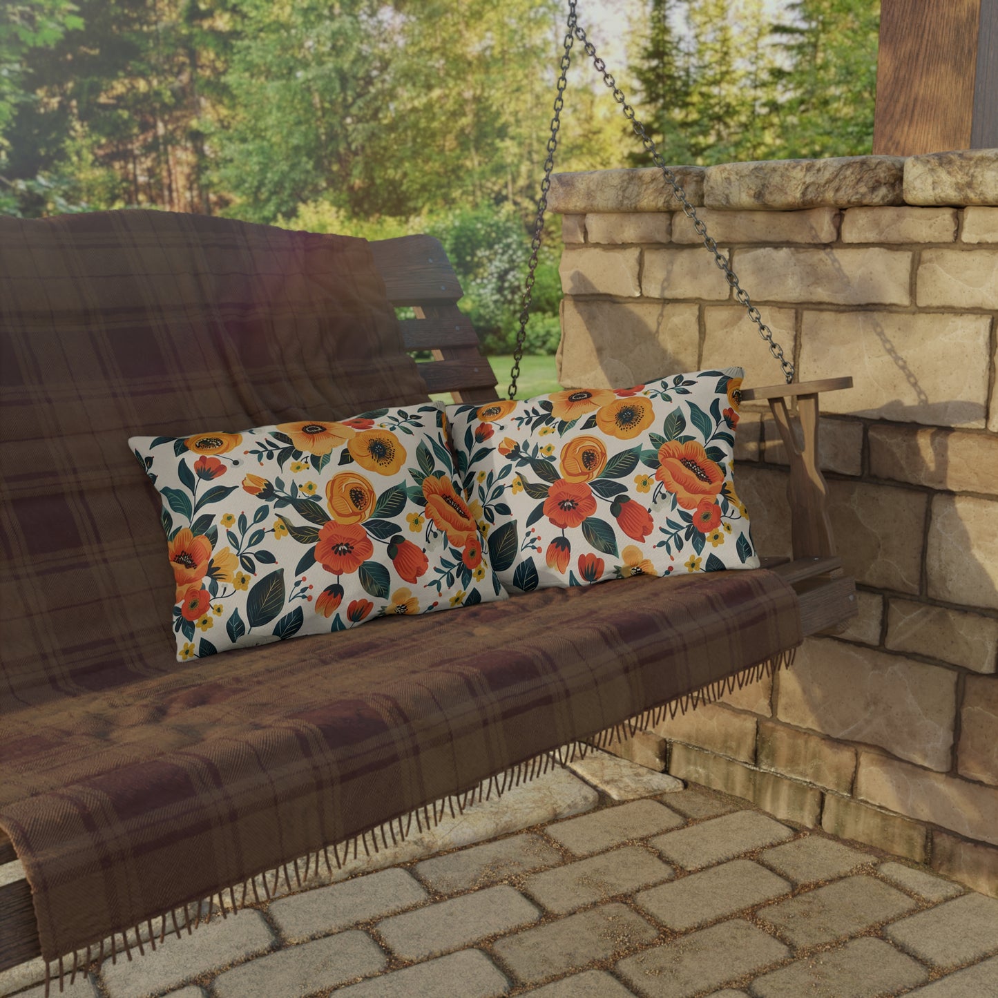 Golden Bloom Harmony Outdoor Lumbar Pillow - Spun Polyester - Double-Sided Print - UV-Resistant - Water-Resistant - Lumbar size: 20" x 14"