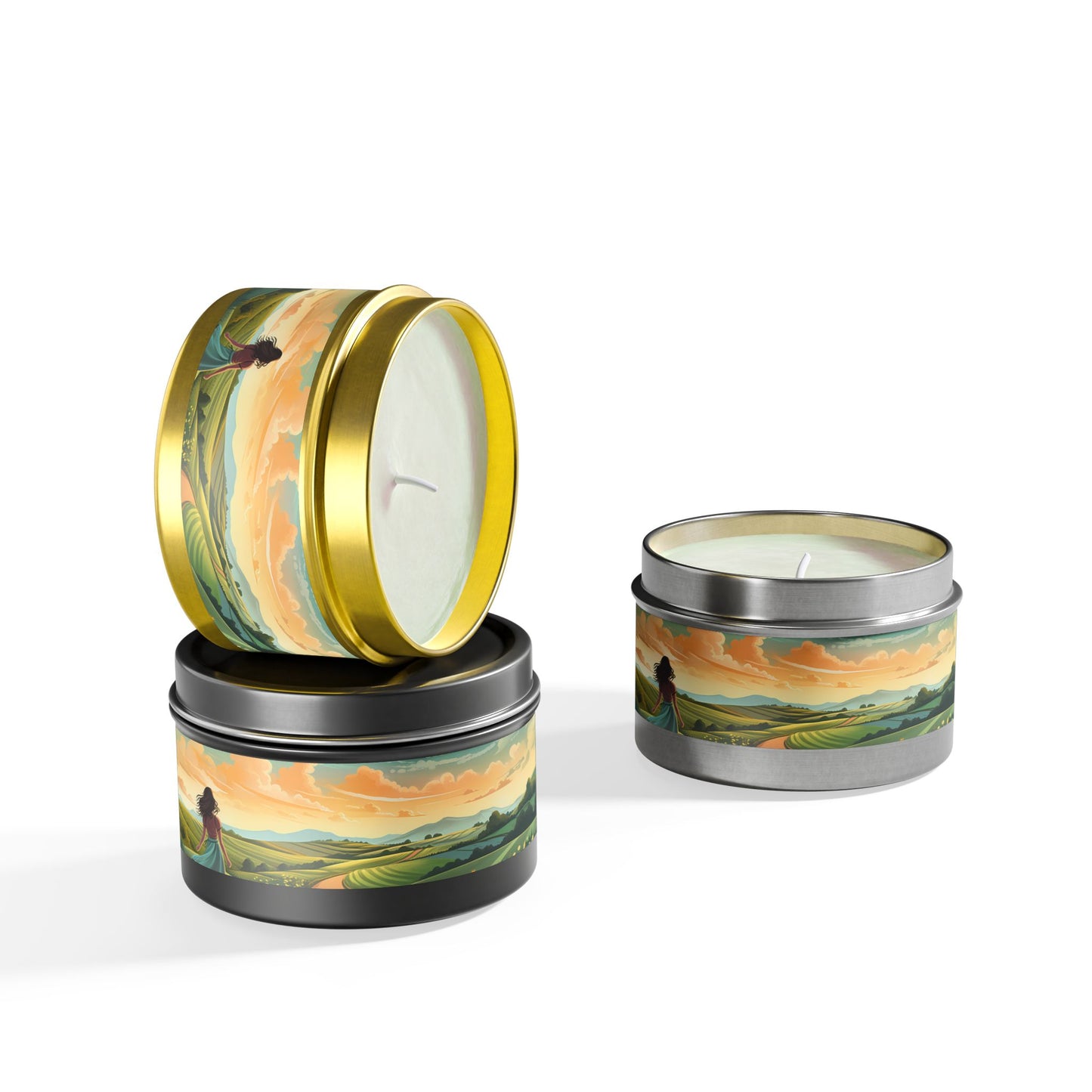 Bliss Road Scenic Aromatherapy Tin Candle. Journey to Tranquility, One Flame at a Time. Available in 2 sizes, 3 finishes, and 5 scents.
