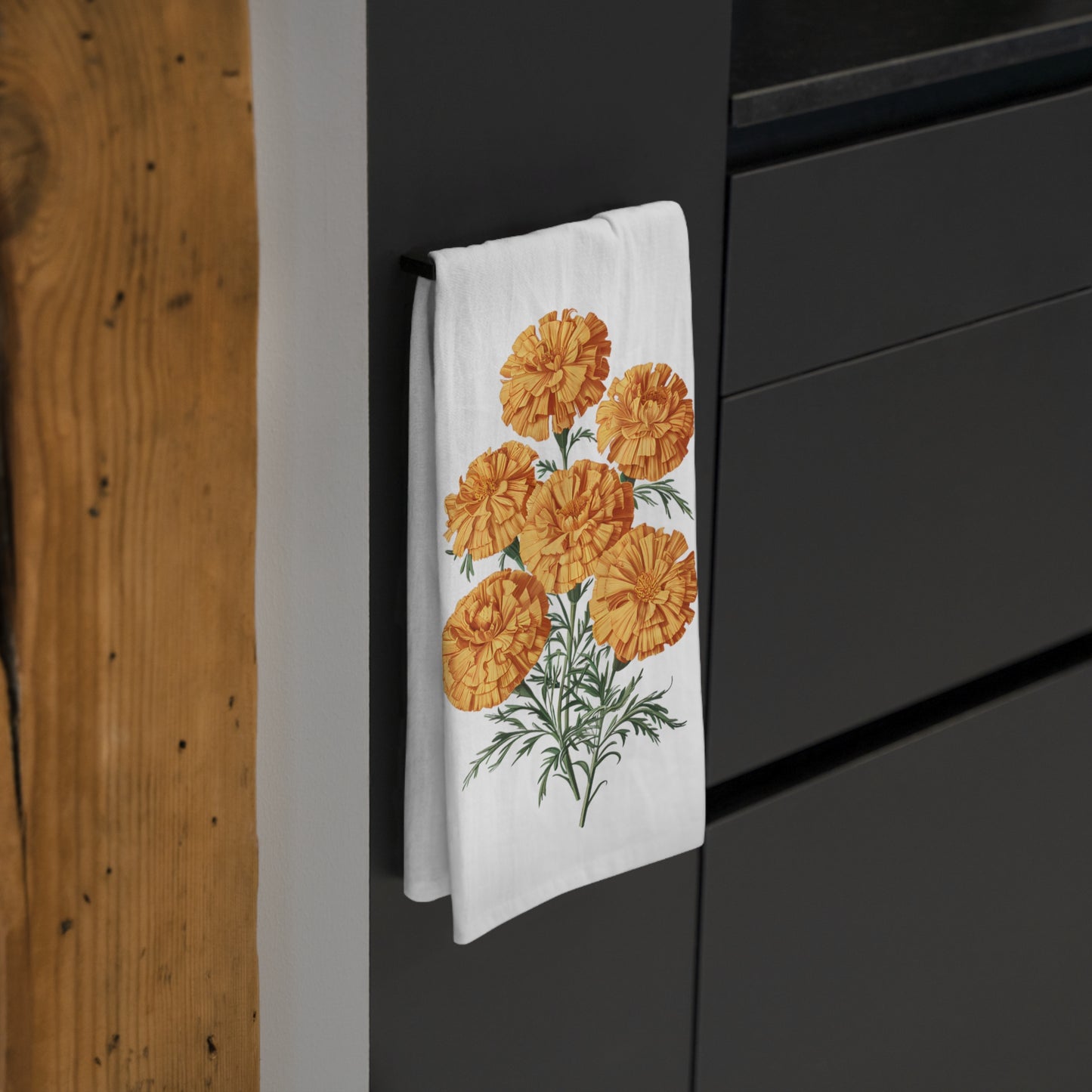 October Birth Month Flower - Marigold Tea Towel - 100% Cotton - 28" x 28" - Brighten Your Kitchen with October’s Golden Blooms! From our Blooming Celebration Birth Flower Collection.