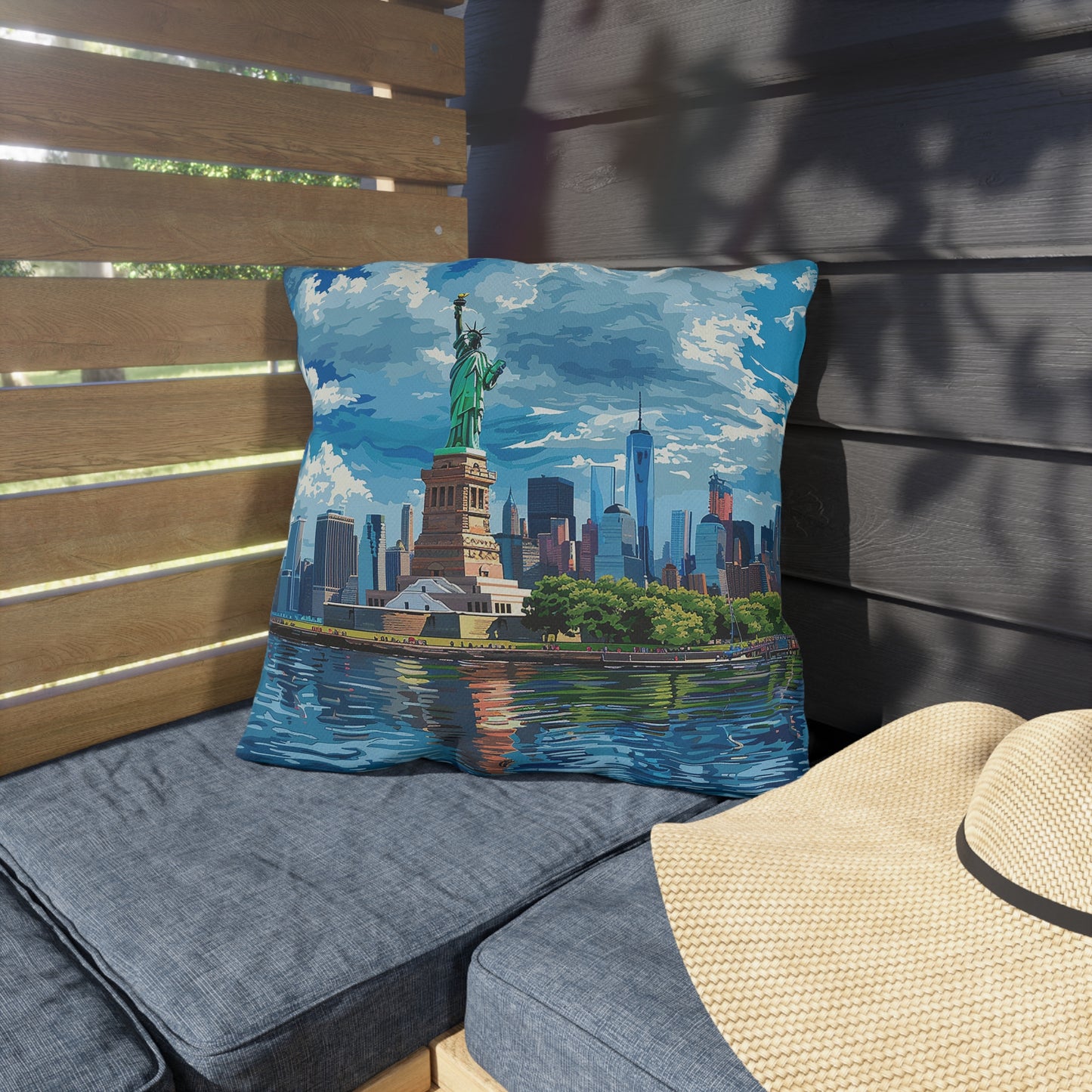 Statue of Liberty Square Outdoor Pillow - Spun Polyester - Double-Sided Print - UV-Resistant - Water Resistant - Available in 3 sizes.