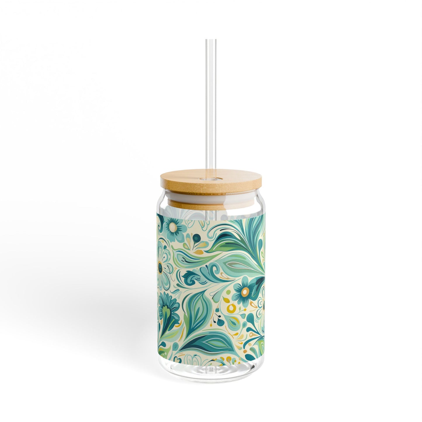 Whimsical Teal Floral Garden Sipper Glass Tumbler - 16 oz - Sip in Nature's Enchanting Hues!
