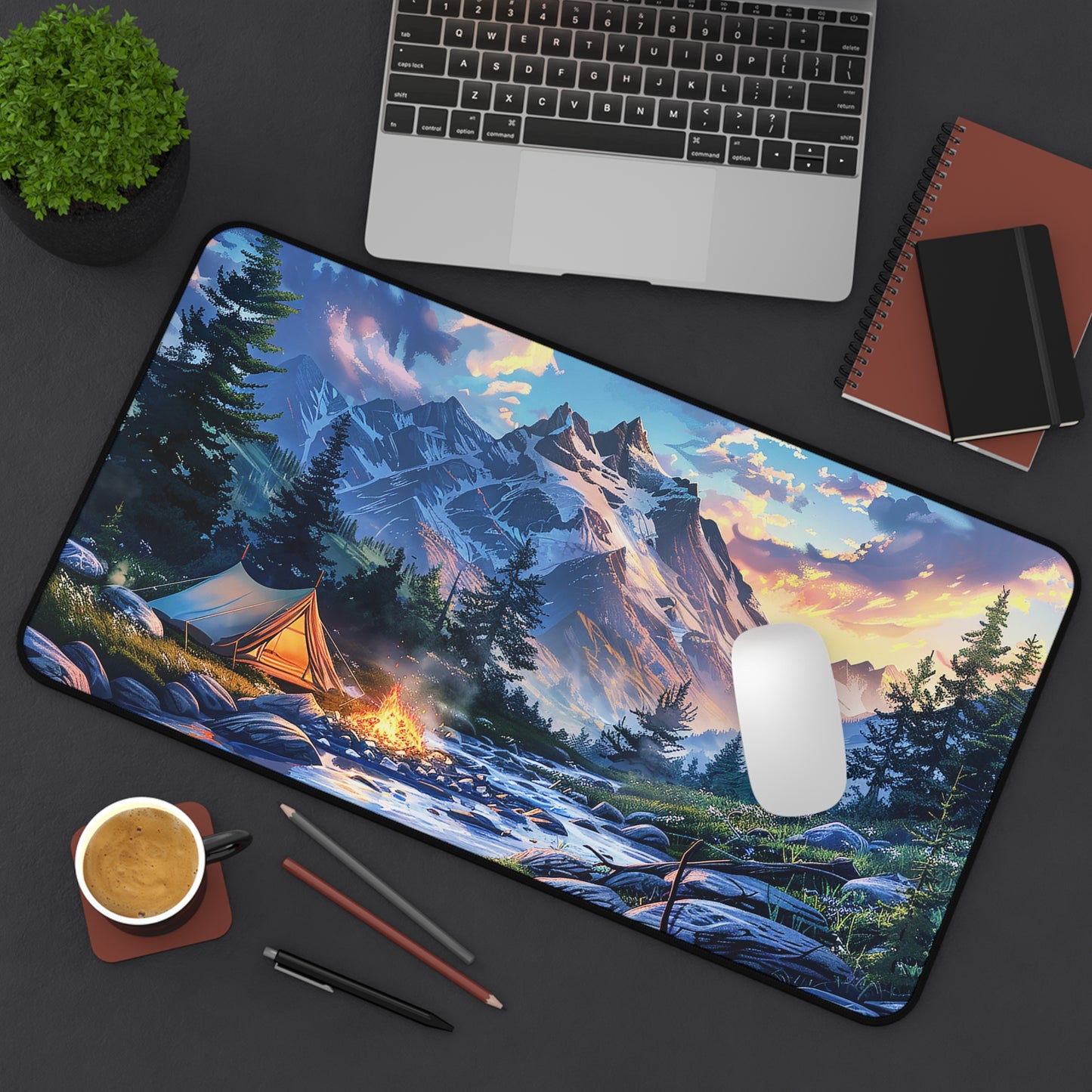 Mountain Creekside Campfire Desk Mat (Desk Pad) - Escape to the Mountains with Every Task! Available in 3 sizes.