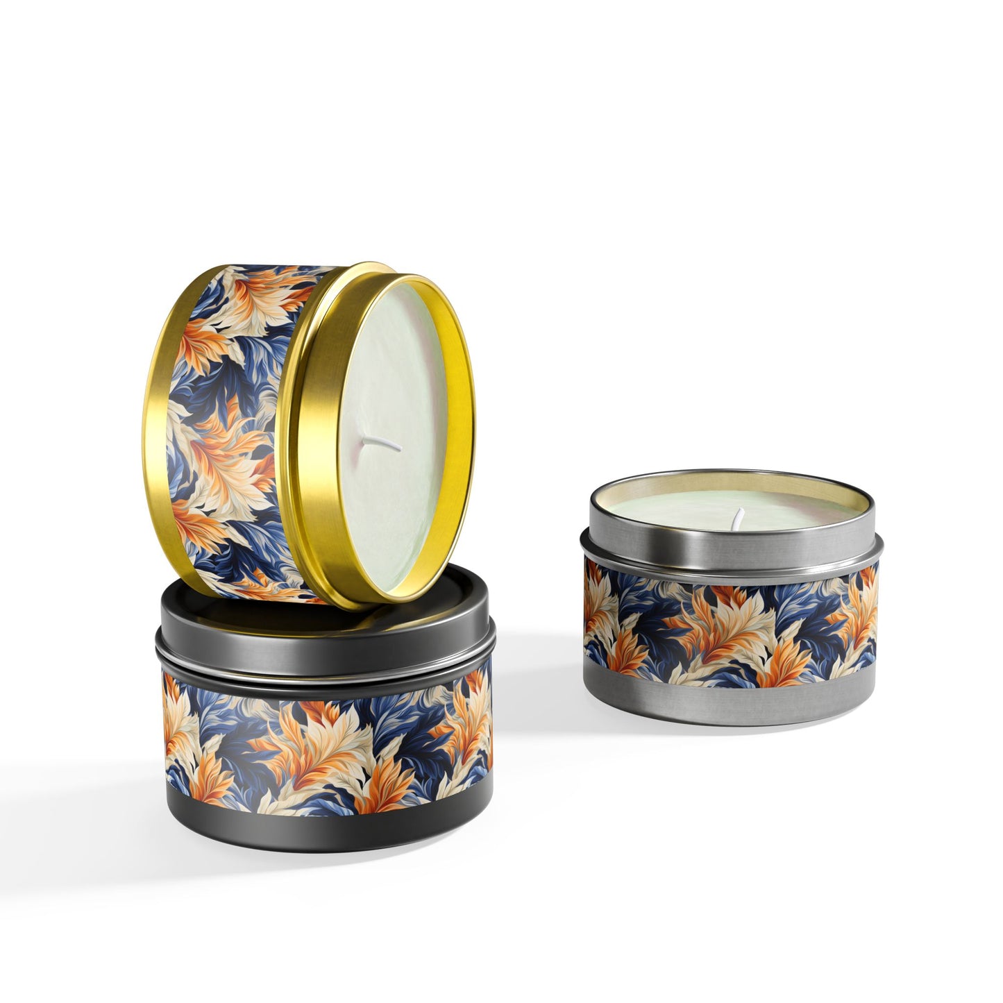 Feathered Fresco Fusion Tin Candle. A Touch of Feathered Grace in Every Flicker. Available in 2 sizes, 3 finishes, and 5 scents.
