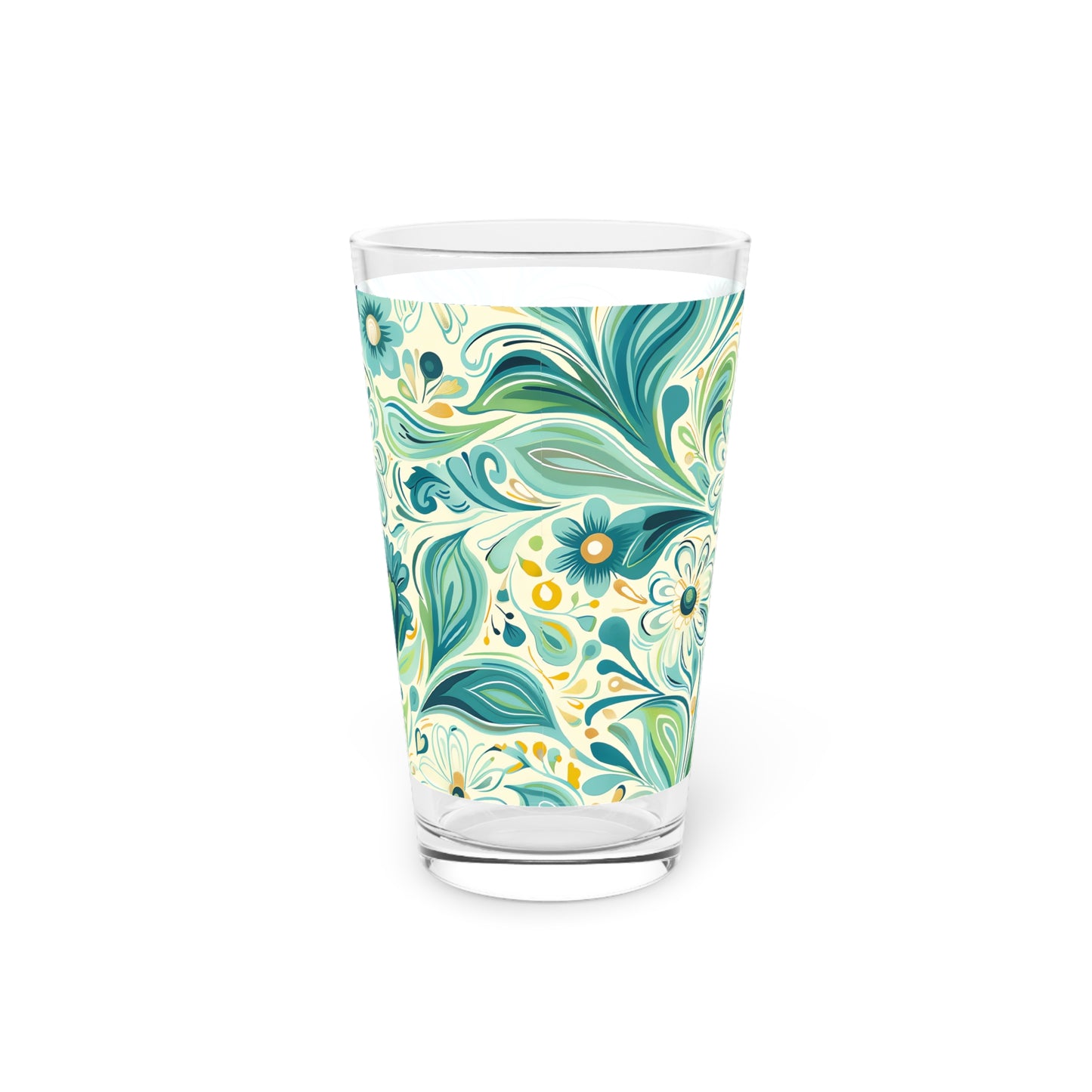 Whimsical Teal Floral Garden Pint Glass - 16 oz - Sip a Fantasy of Flora with Our Dreamy Floral Pint Glass!