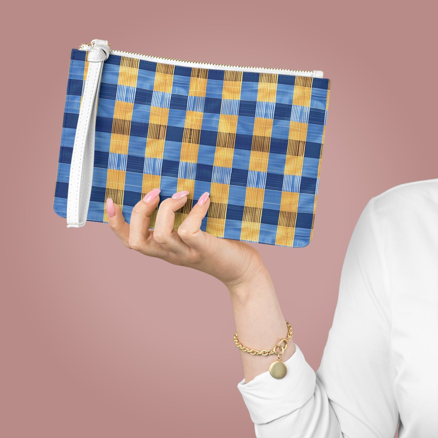 Modern Gingham Women's Clutch Bag - PU Faux Leather - Saffiano Finish - Wrist Strap!