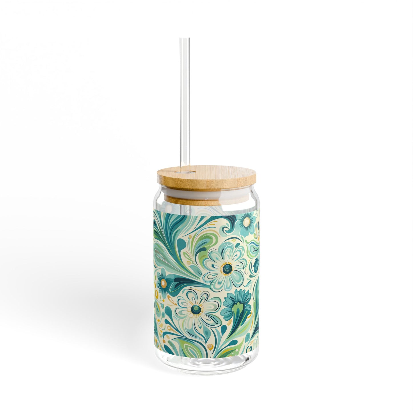 Whimsical Teal Floral Garden Sipper Glass Tumbler - 16 oz - Sip in Nature's Enchanting Hues!