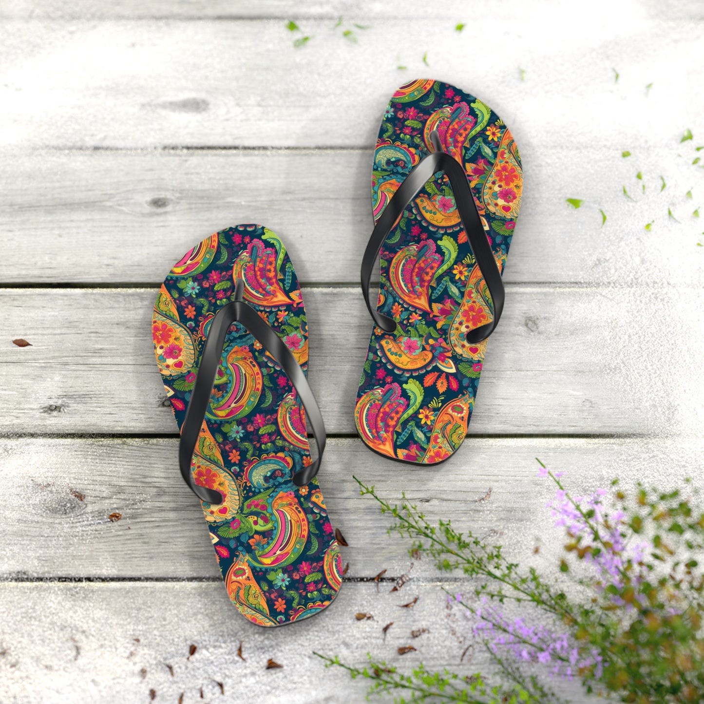 Psychedelic Paisley Party Flip Flops. 5/8" Thick Comfortable Summer or Winter Gym/Sauna Footwear for Men and Women.