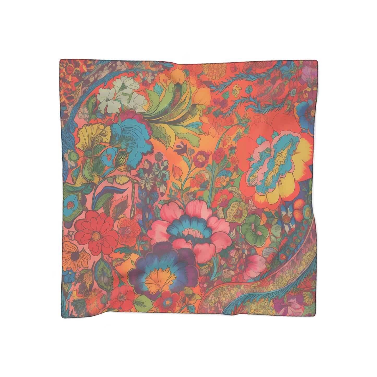 Kaleidoscopic Floral Dance Poly Voile Scarf. Lightweight & Stylish Accessory. Available in 2 sizes: 25" x 25" or 50" x 50"