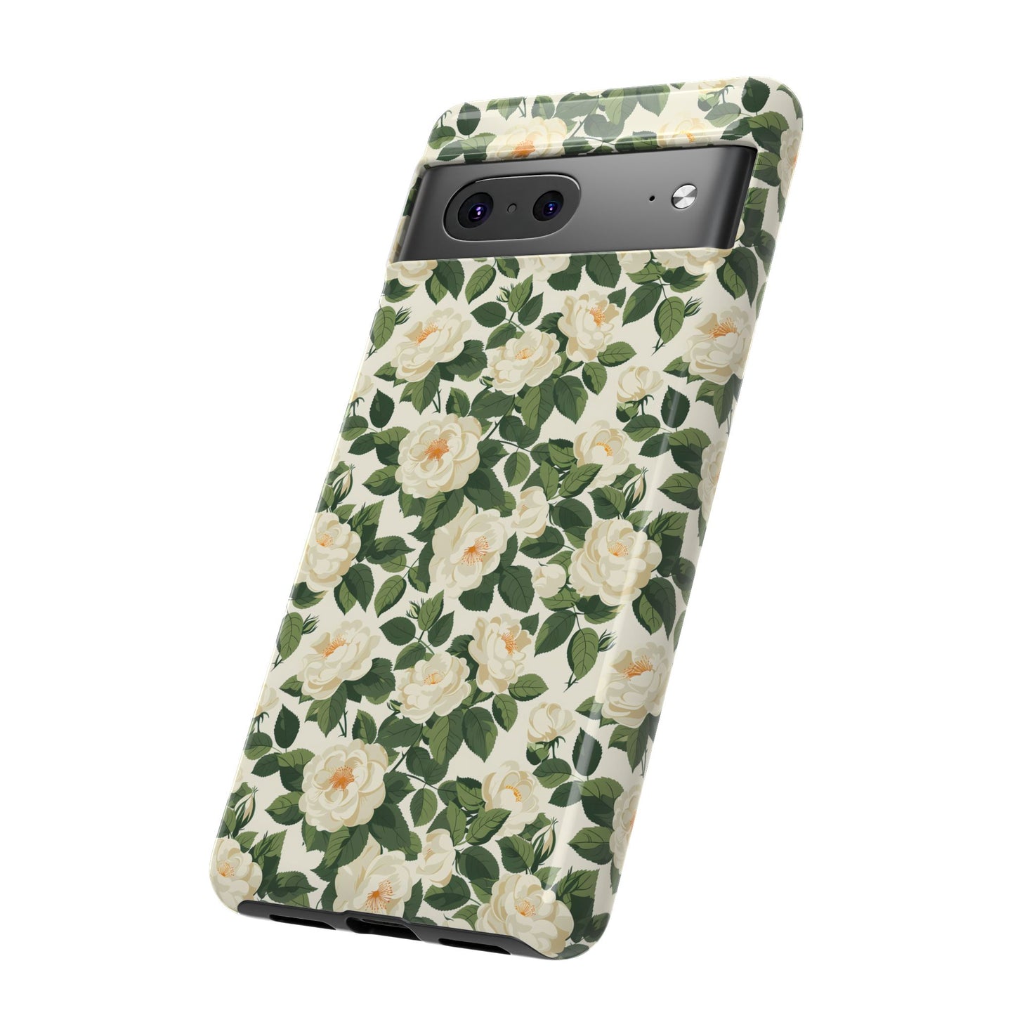 White Roses at Dawn Tough Phone Case for Apple iPhone, Samsung Galaxy, and Google Pixel.