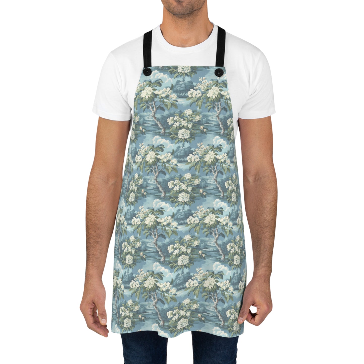 Vintage Floral Blue Botanical Adult Apron - White Blooms Against Soft Blue Sky Transport You To Another Era. Step Back in Time, Cook in Style!