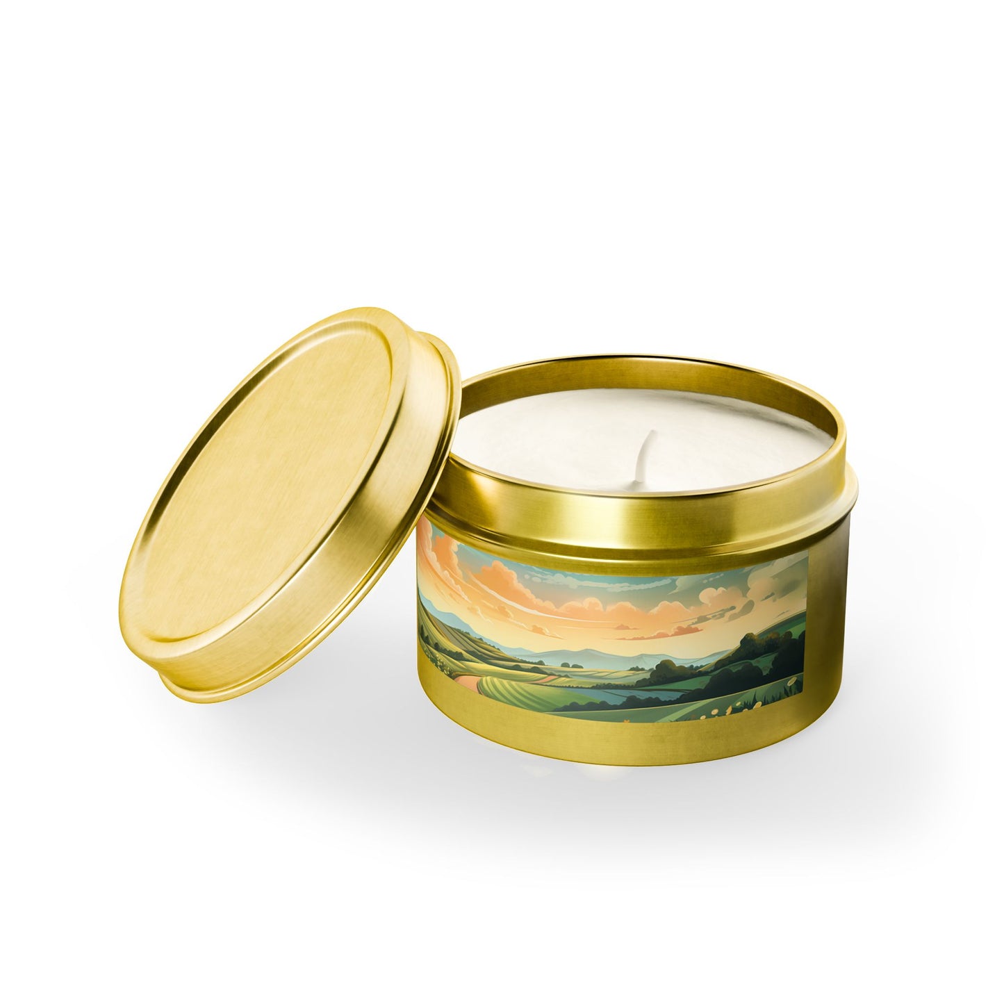 Bliss Road Scenic Aromatherapy Tin Candle. Journey to Tranquility, One Flame at a Time. Available in 2 sizes, 3 finishes, and 5 scents.