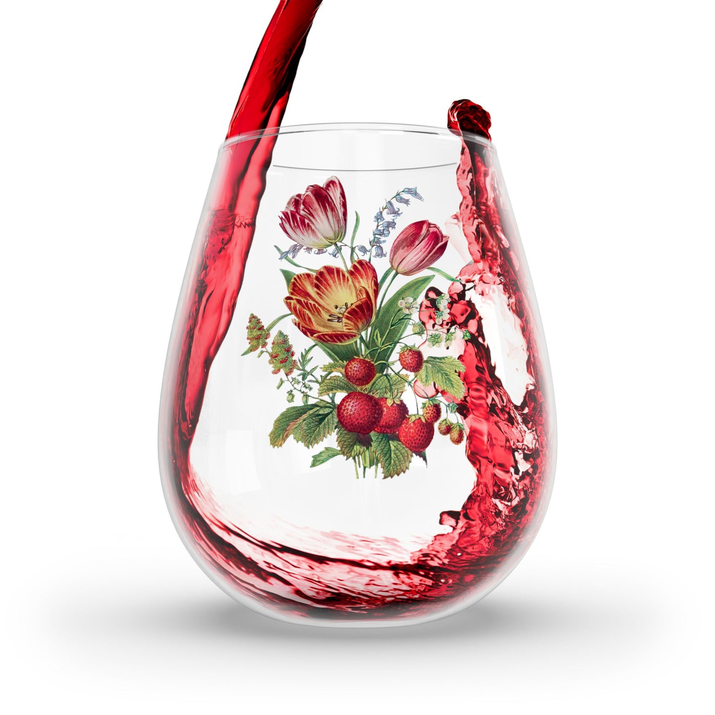 Vintage Tulip Trio Treasure Stemless Wine Glass - 11.75 oz - Raise a Glass to Nature's Charm! From Our Vintage Floral Collection.