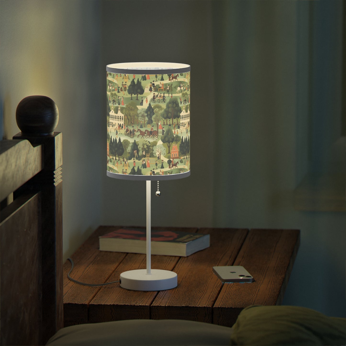 Americana 18th Century Tapestry Modern Table Lamp, 20" Tall, Metal Stand, US|CA Plug, Available in 2 Finishes & Multiple Trim Colors