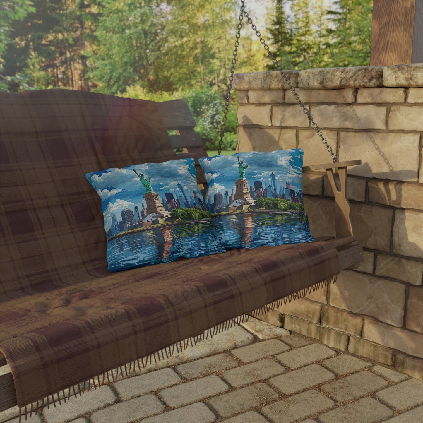 Statue of Liberty Square Outdoor Pillow - Spun Polyester - Double-Sided Print - UV-Resistant - Water Resistant - Available in 3 sizes.