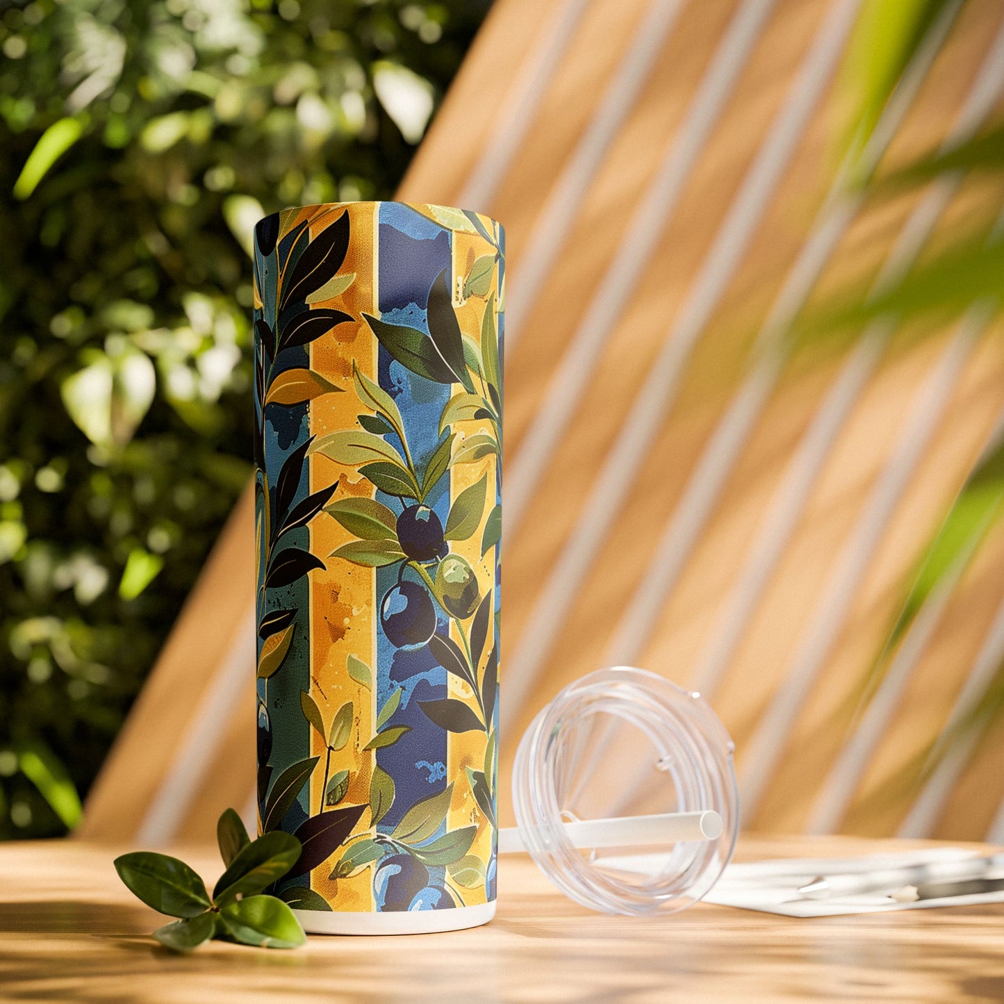 Olive Orchard Stripes Skinny Tumbler with Straw - 20 oz. Insulated Stainless Steel - Sip in Mediterranean Style with Every Twist of the Olive Branch!