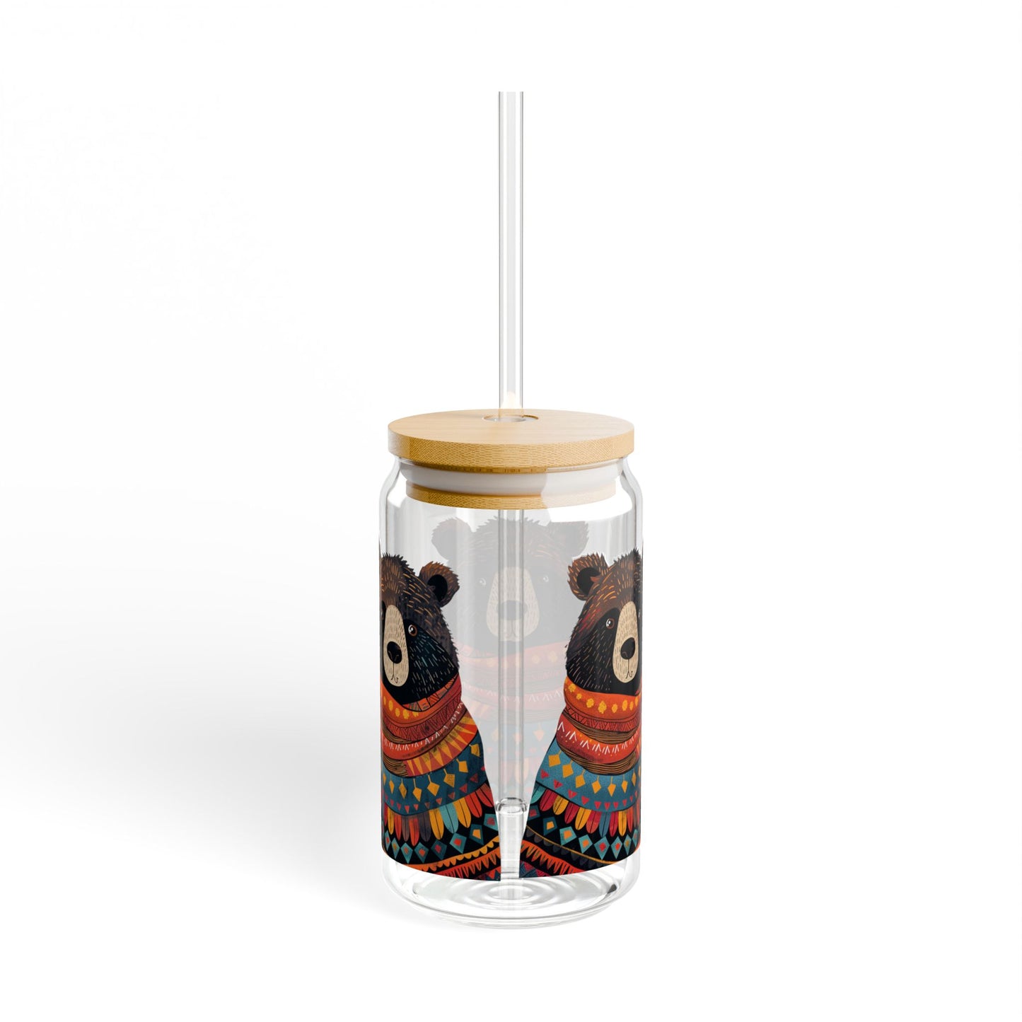 Uncle Bear Sipper Glass Tumbler - 16 oz - Wrap Yourself in Warmth with Uncle Bear's Cozy Charm! - From our Bear Family Collection.