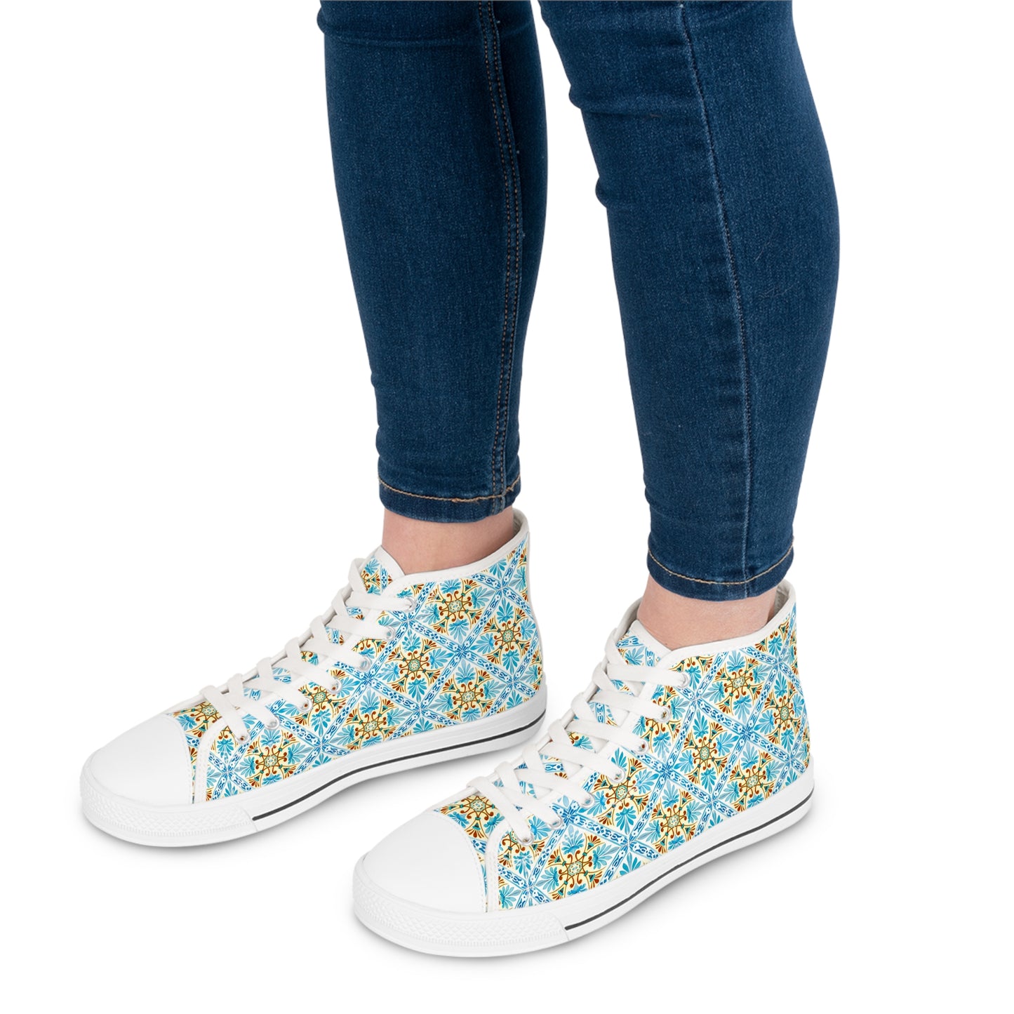 Mediterranean Mosaic Ladies' High Top Sneakers - Cool, Calm, Collected - Embrace Mediterranean Elegance!