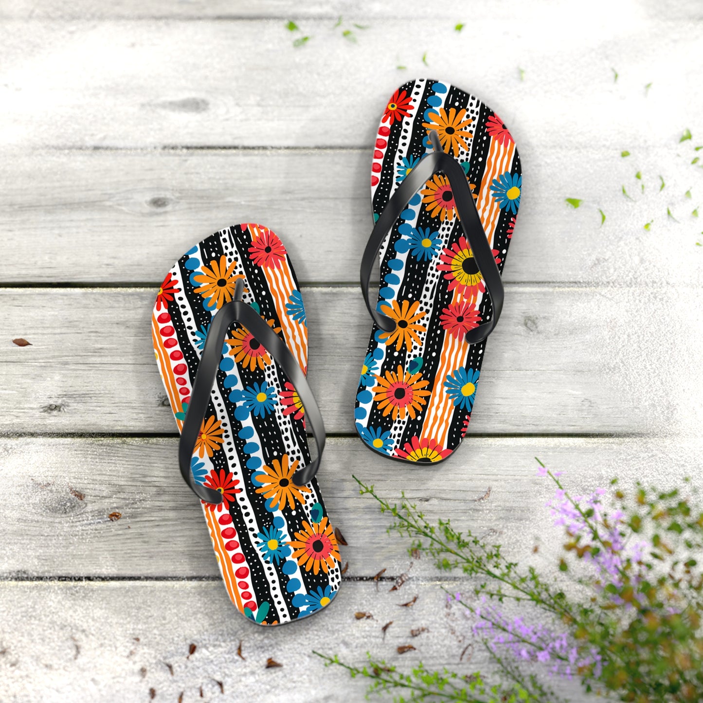 Striped Daisy Play Flip Flops. 5/8" Thick Comfortable Summer or Winter Gym/Sauna Footwear for Men and Women.