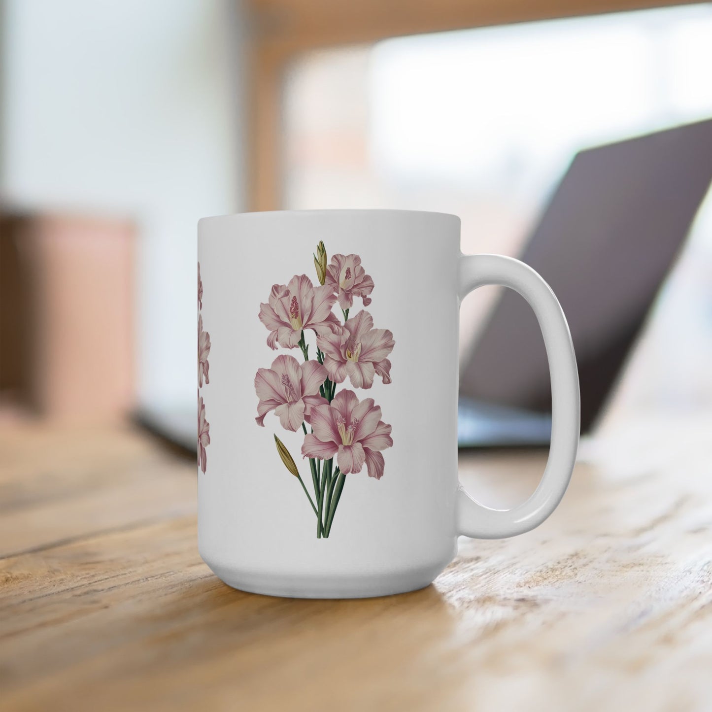 August Birth Month Flower - Gladiolus Ceramic Mug - 15 oz. - Celebrate August with the Grace and Strength of Gladiolus! From our Blooming Celebrations Birth Month Flower Collection.
