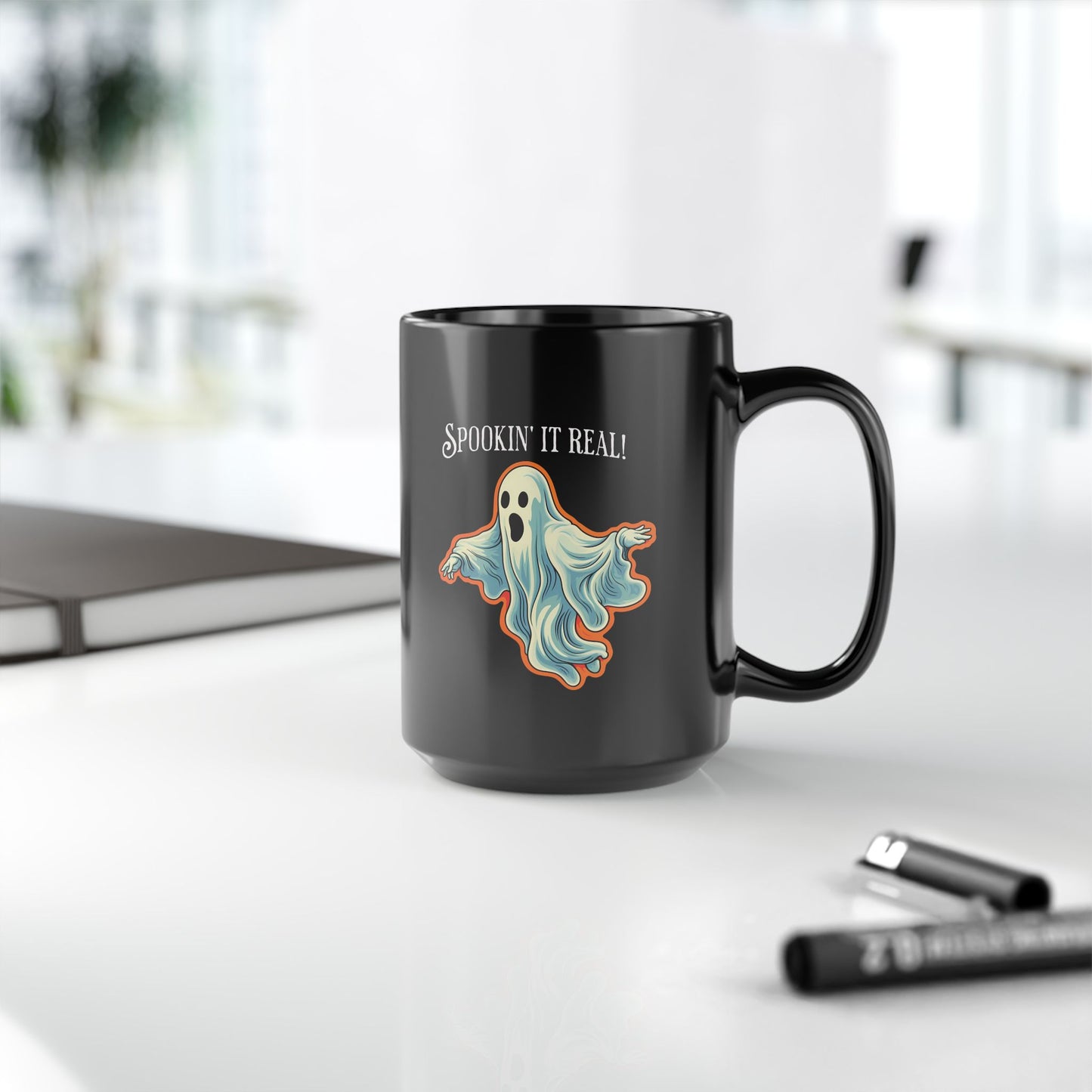 Spookin it' Real Chic Retro Ghost Halloween Black Mug - 11oz, 15oz - Start Your Day with a Ghostly Good Brew!