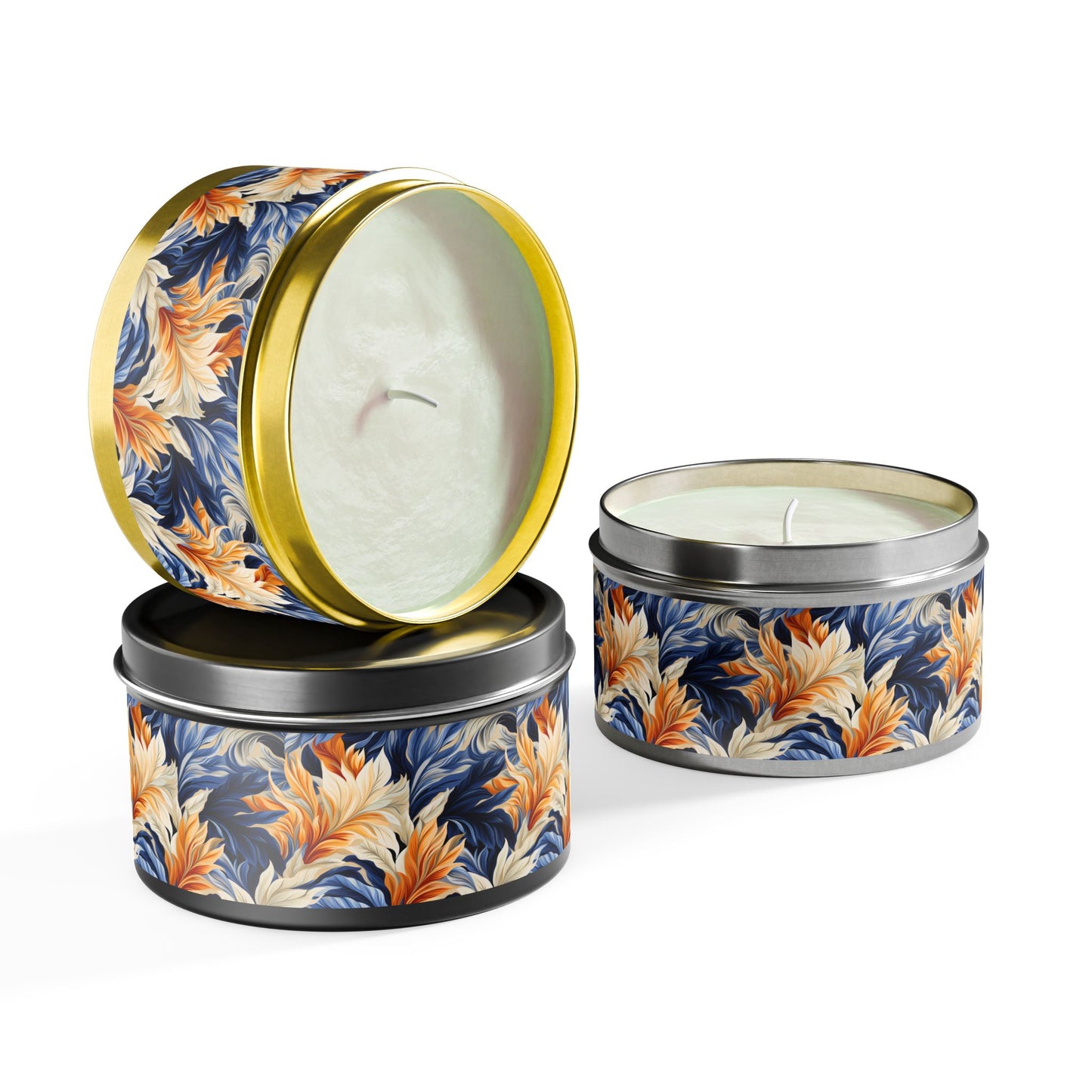 Feathered Fresco Fusion Tin Candle. A Touch of Feathered Grace in Every Flicker. Available in 2 sizes, 3 finishes, and 5 scents.
