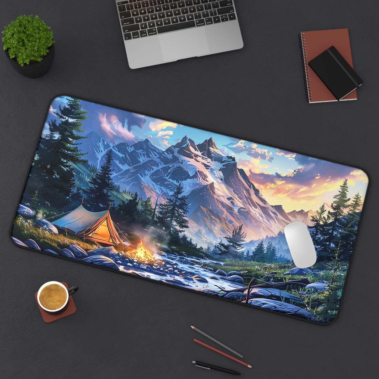 Mountain Creekside Campfire Desk Mat (Desk Pad) - Escape to the Mountains with Every Task! Available in 3 sizes.