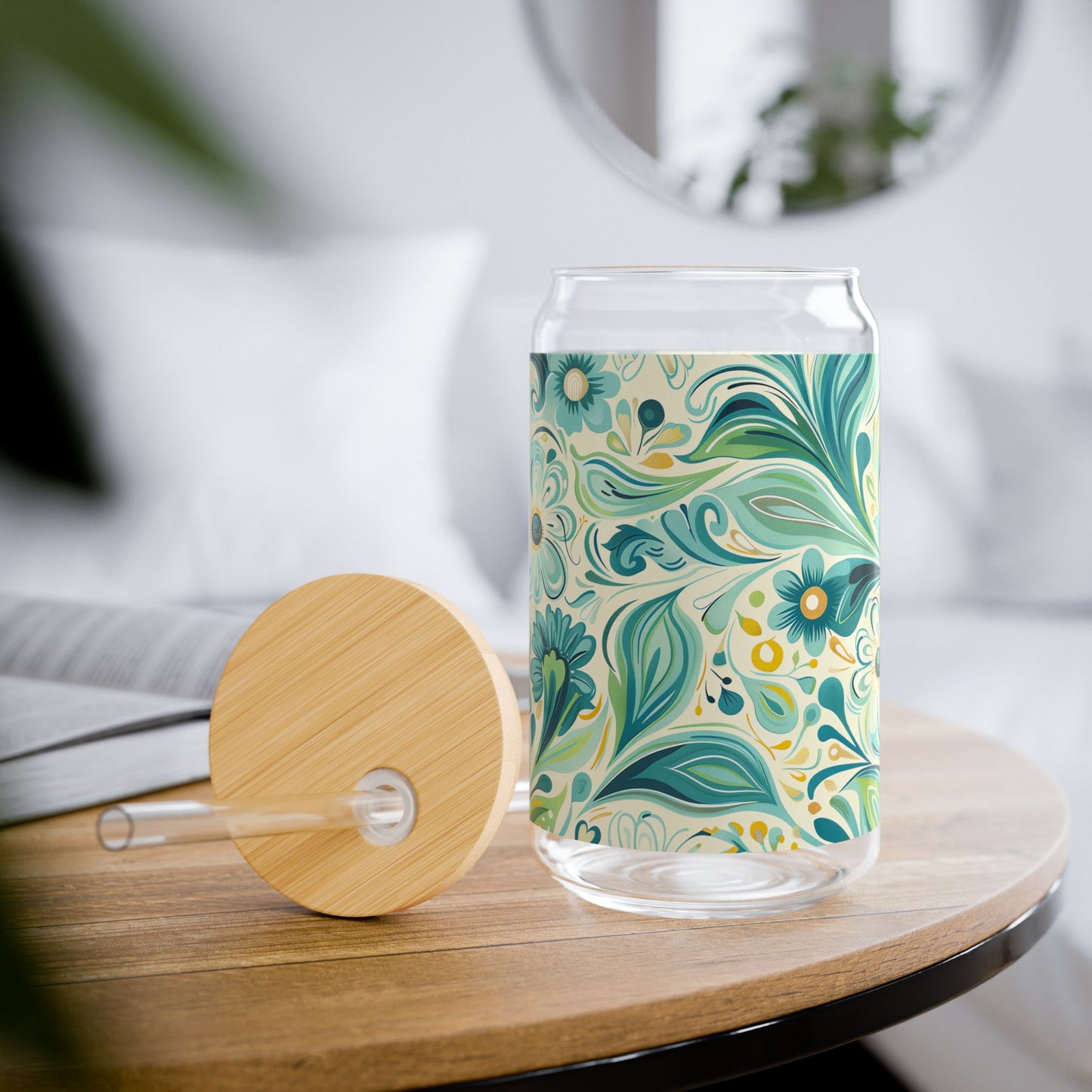 Whimsical Teal Floral Garden Sipper Glass Tumbler - 16 oz - Sip in Nature's Enchanting Hues!
