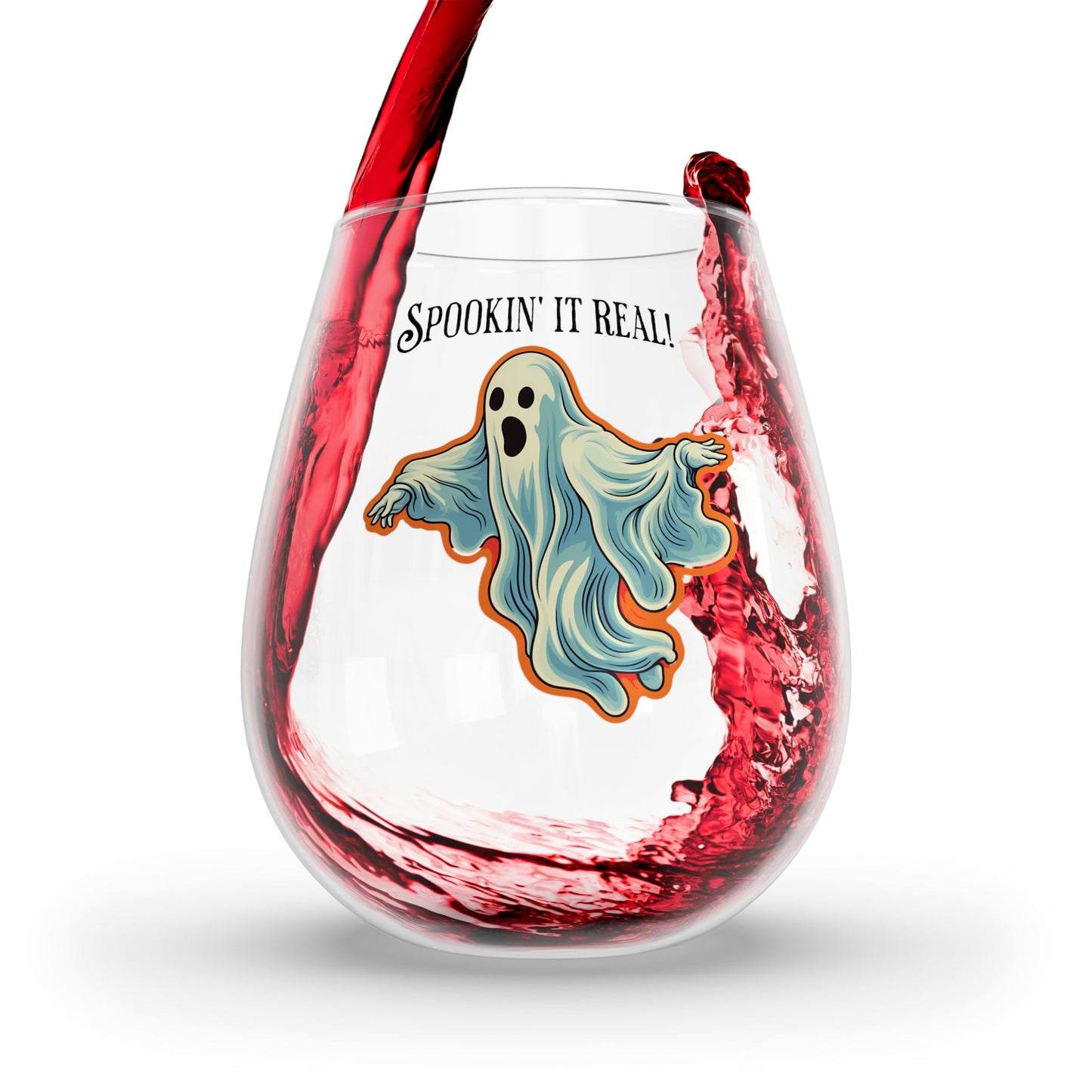 Spookin' it Real! Chic Retro Ghost Halloween Stemless Wine Glass -11.75 oz. - Sip in Style with a Spooky Retro Vibe!