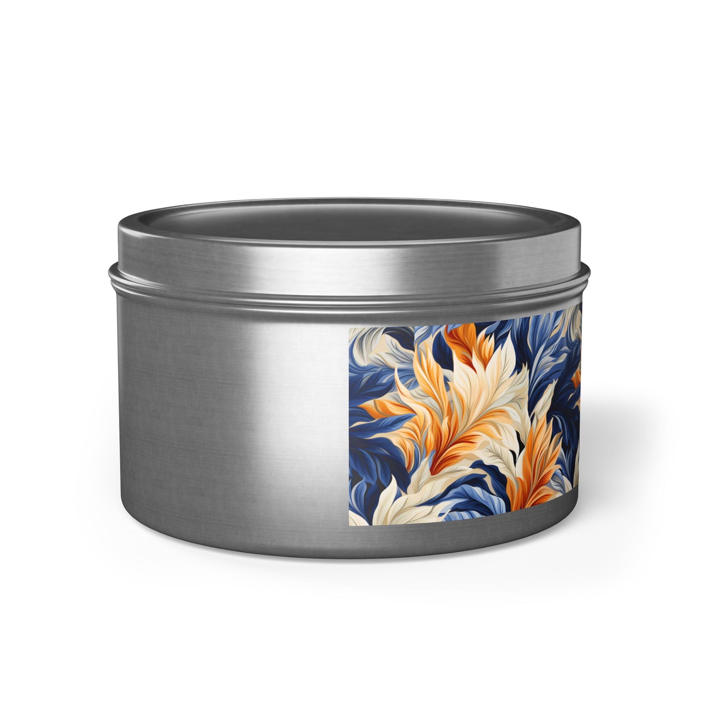 Feathered Fresco Fusion Tin Candle. A Touch of Feathered Grace in Every Flicker. Available in 2 sizes, 3 finishes, and 5 scents.