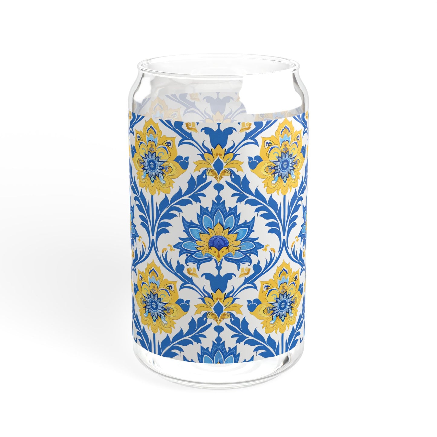 Heritage Bloom Sipper Glass Tumbler - 16 oz - Sip in Classically Beautiful Blue and Yellow Style!
