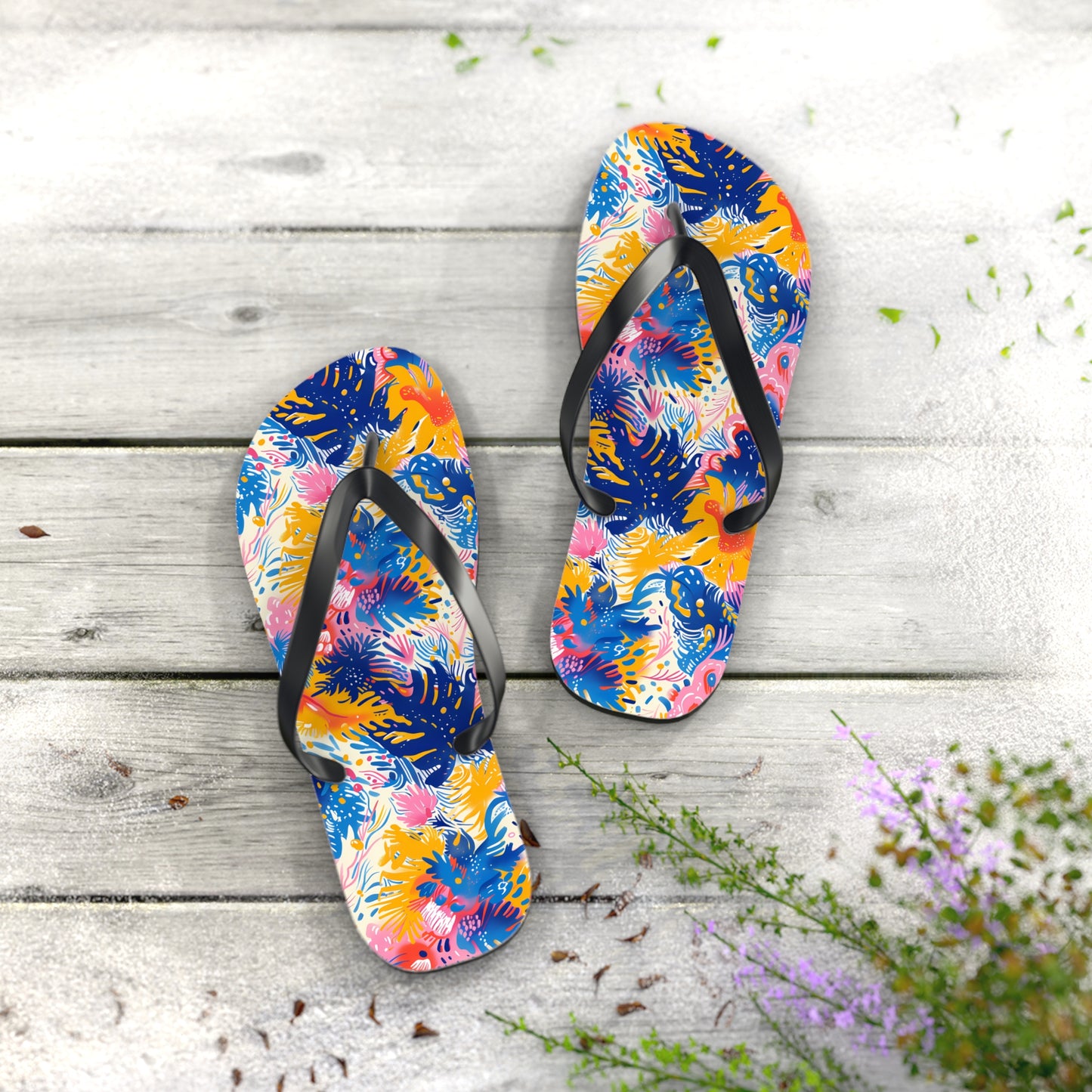 Splatter Blossom Flip Flops. 5/8" Thick Comfortable Summer or Winter Gym/Sauna Footwear for Men and Women.