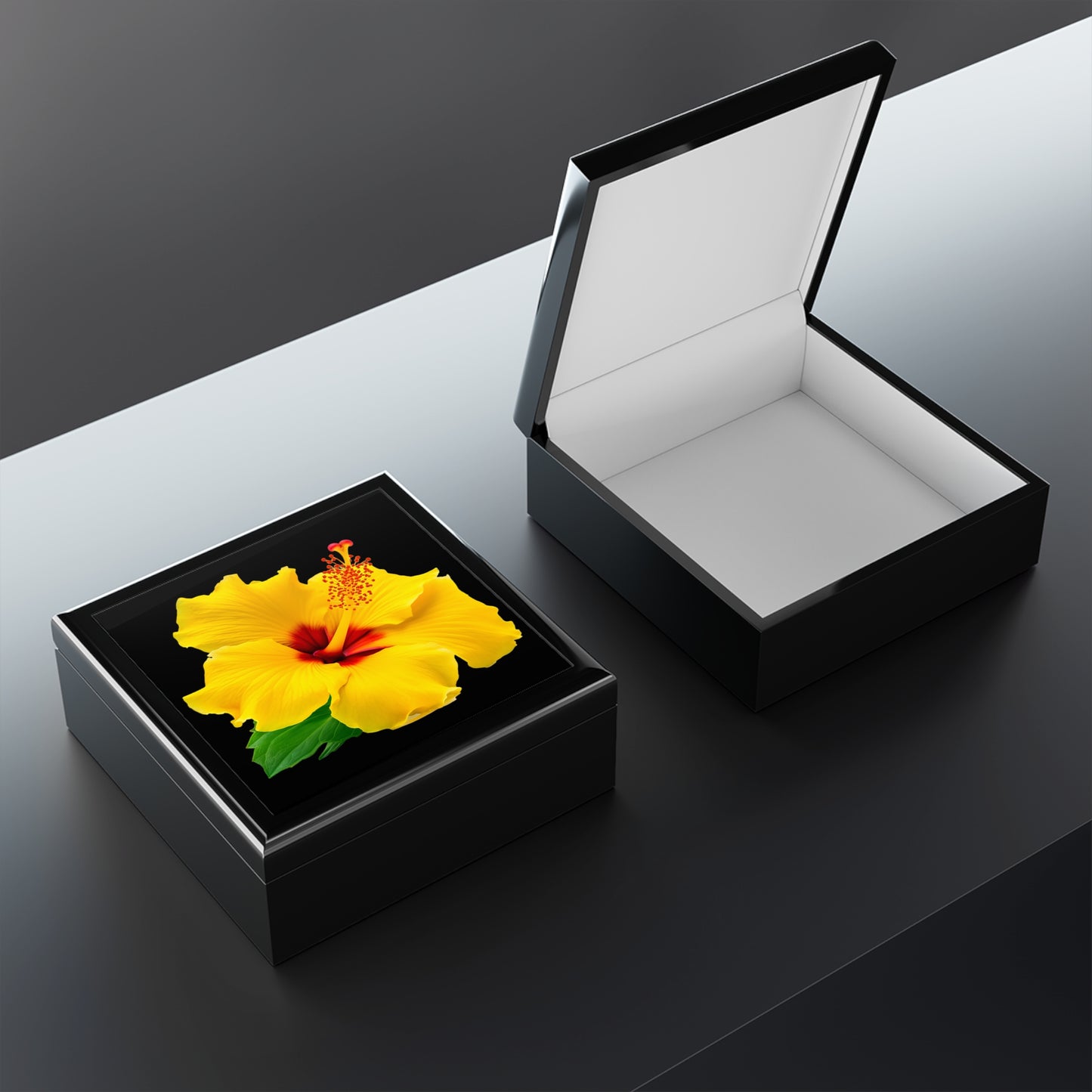 Aloha Hibiscus Black Jewelry Box - High Quality Rubberwood Trinket, Memento Box with Glossy Finish