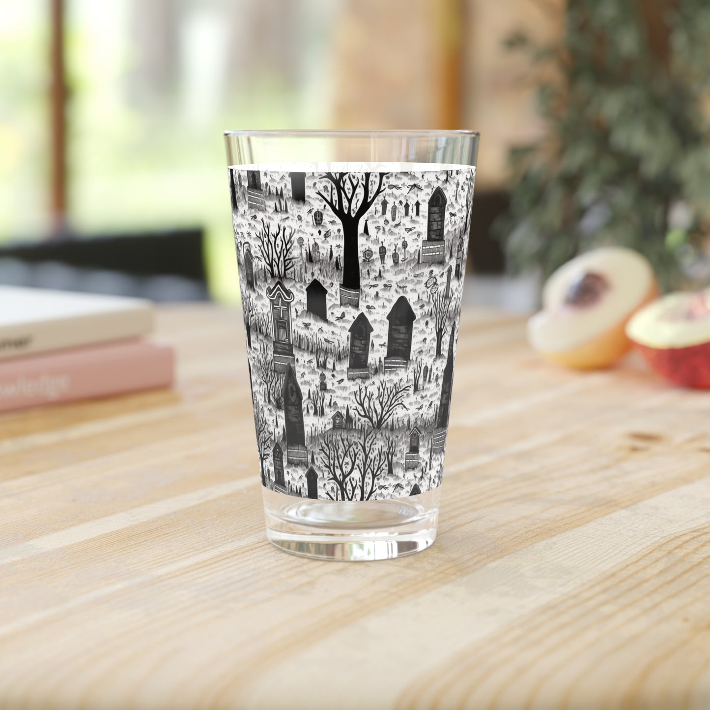 Spooky Gothic Cemetery Chic Halloween Pint Glass - 16 oz. - Where Elegance Meets Eerie in Every Sip!