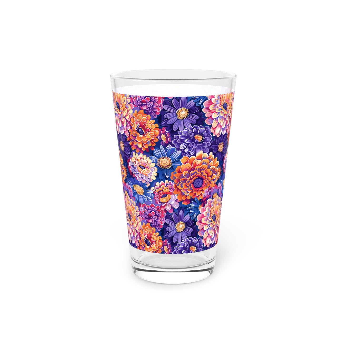 Zinnias in Bloom Pint Glass - 16 oz - A Purple Floral Tapestry in Every Sip!