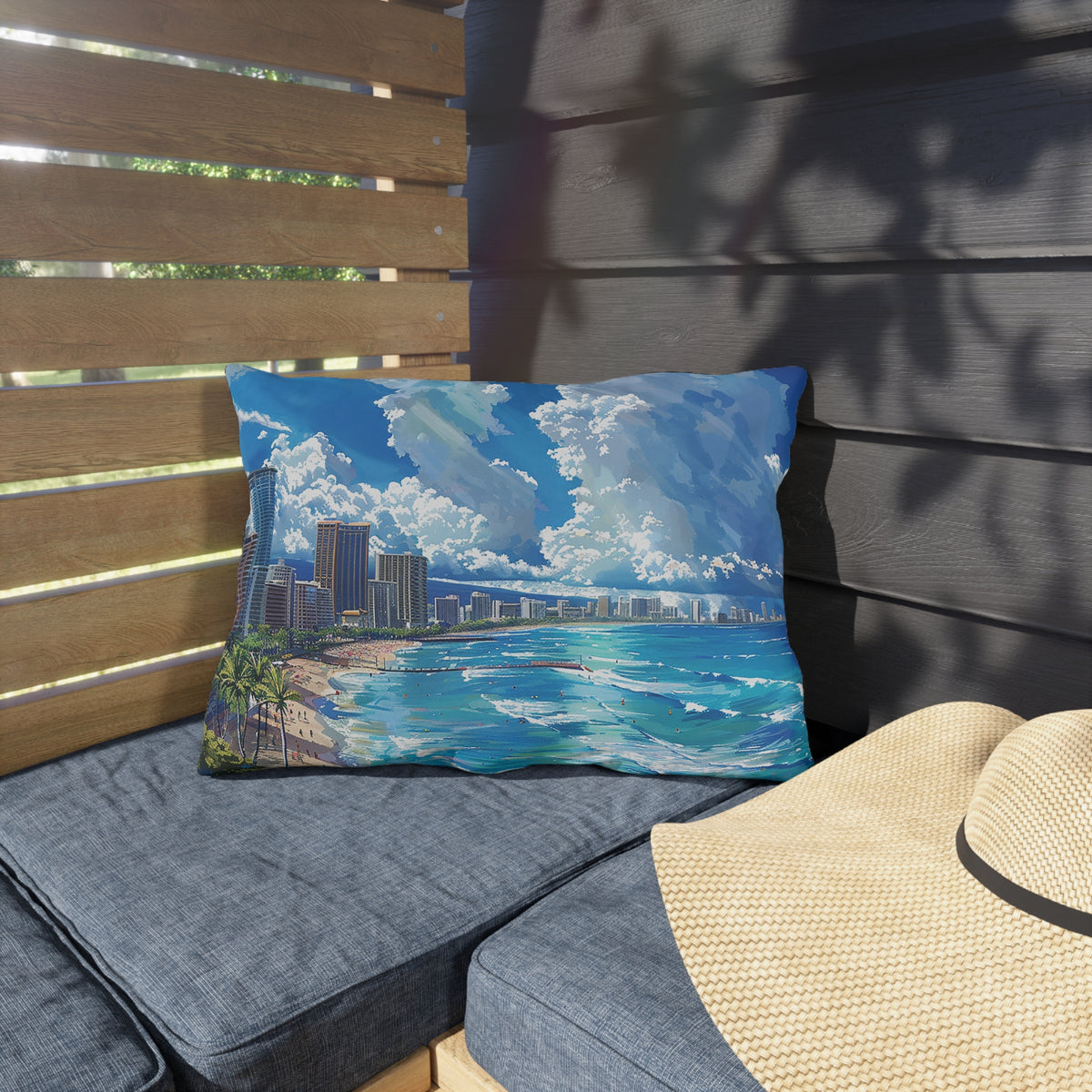 Waikiki Beach Hawaii Outdoor Lumbar Pillow - Spun Polyester - Double-Sided Print - UV-Resistant - Water-Resistant - Lumbar size: 20" x 14"