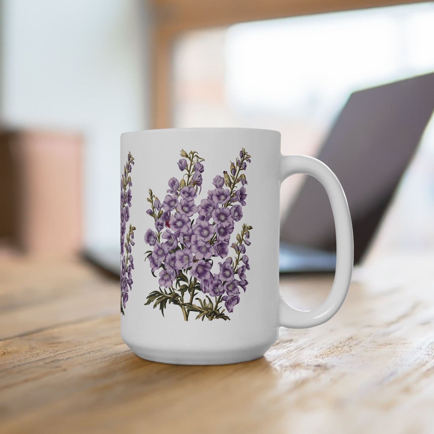 July Birth Month Flower - Larkspur Ceramic Mug - 15 oz. - Celebrate July with the Joyful Bloom of Larkspur! From our Blooming Celebrations Birth Flower Collection.