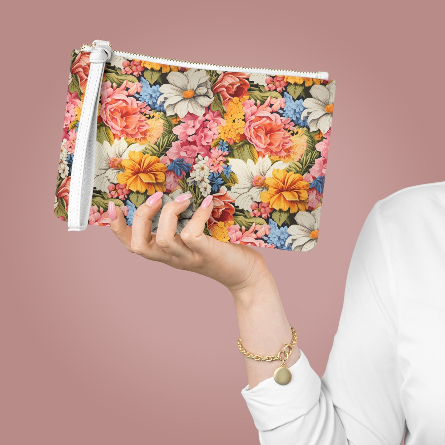 Chic Floral Women's Clutch Bag - PU Faux Leather - Saffiano Finish - Wrist Strap!