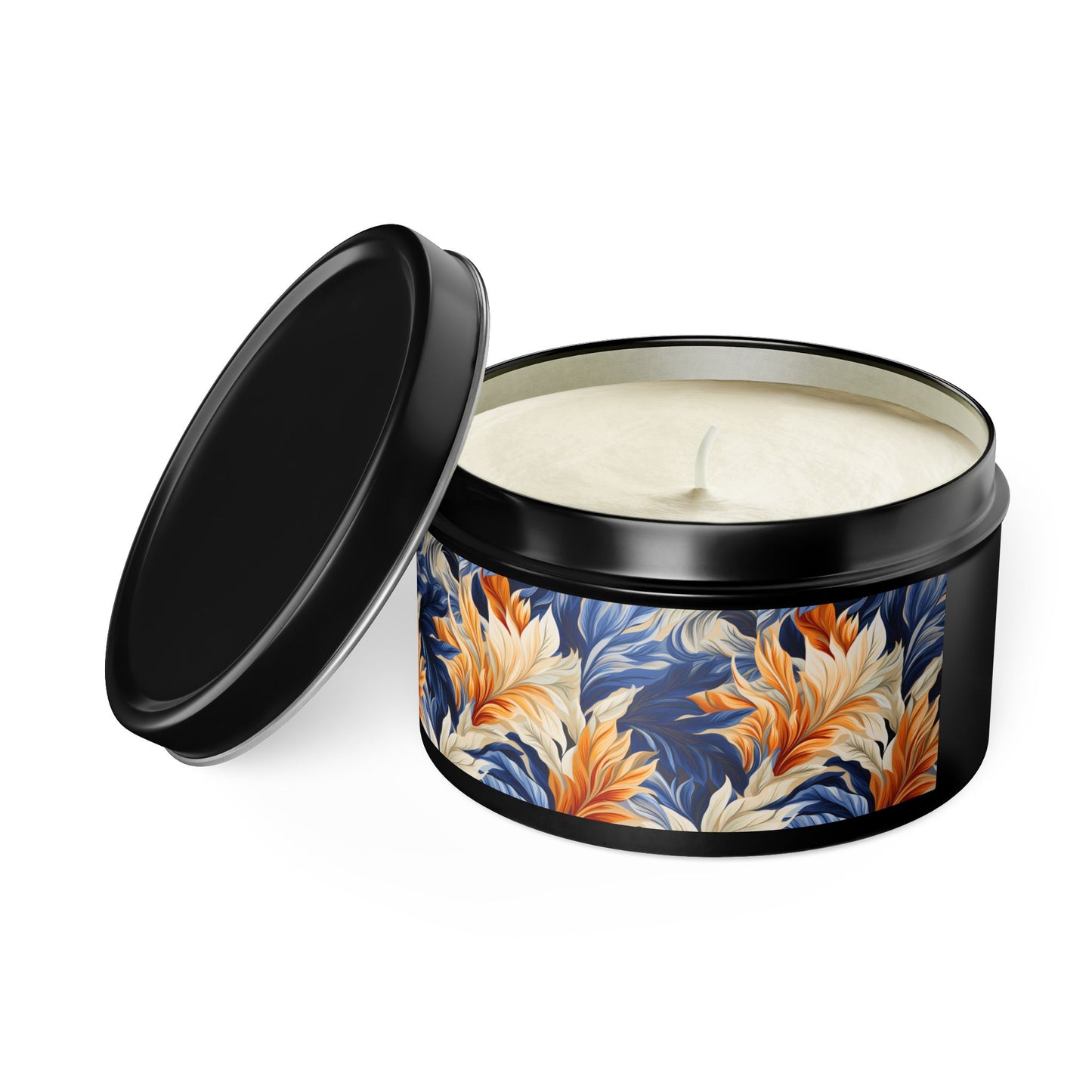Feathered Fresco Fusion Tin Candle. A Touch of Feathered Grace in Every Flicker. Available in 2 sizes, 3 finishes, and 5 scents.