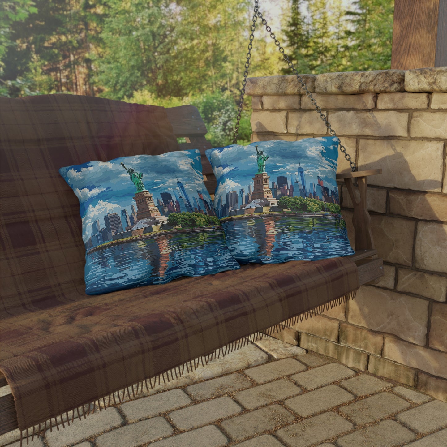 Statue of Liberty Square Outdoor Pillow - Spun Polyester - Double-Sided Print - UV-Resistant - Water Resistant - Available in 3 sizes.