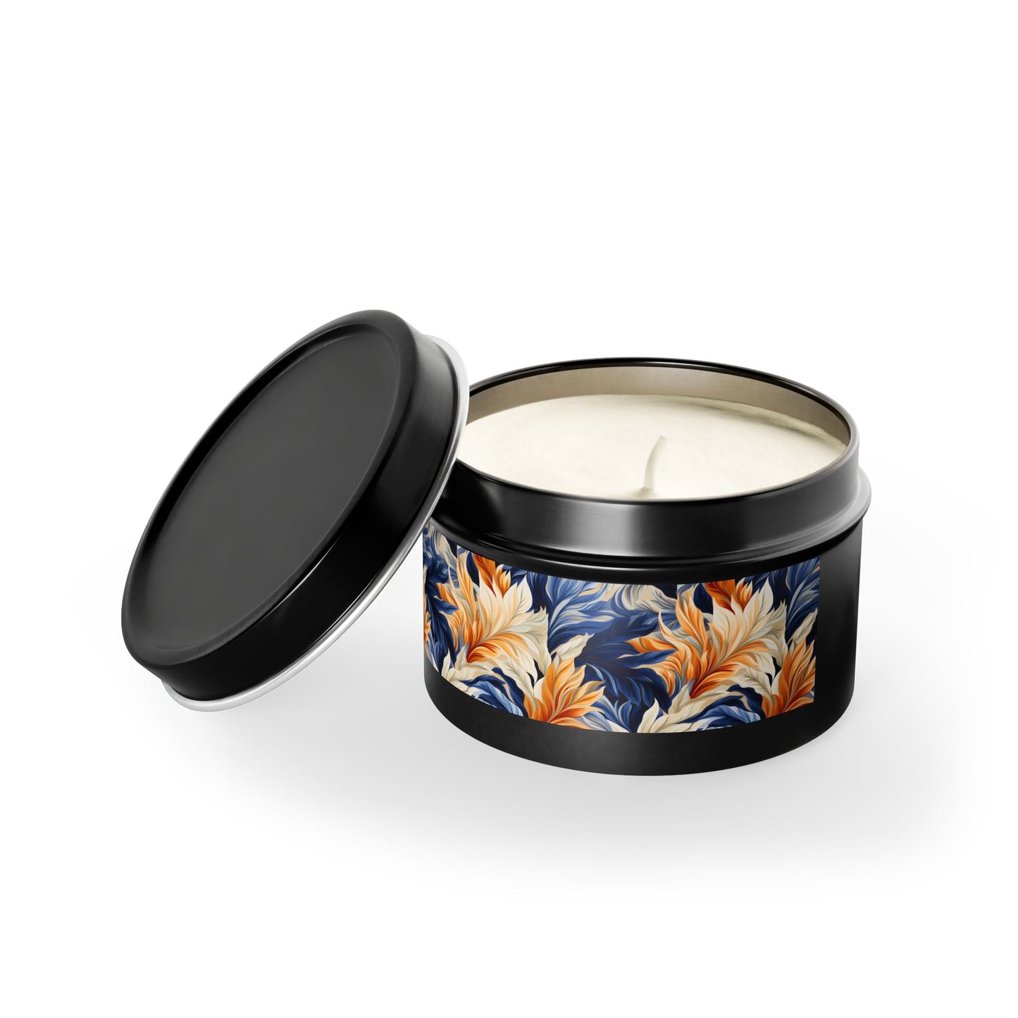 Feathered Fresco Fusion Tin Candle. A Touch of Feathered Grace in Every Flicker. Available in 2 sizes, 3 finishes, and 5 scents.