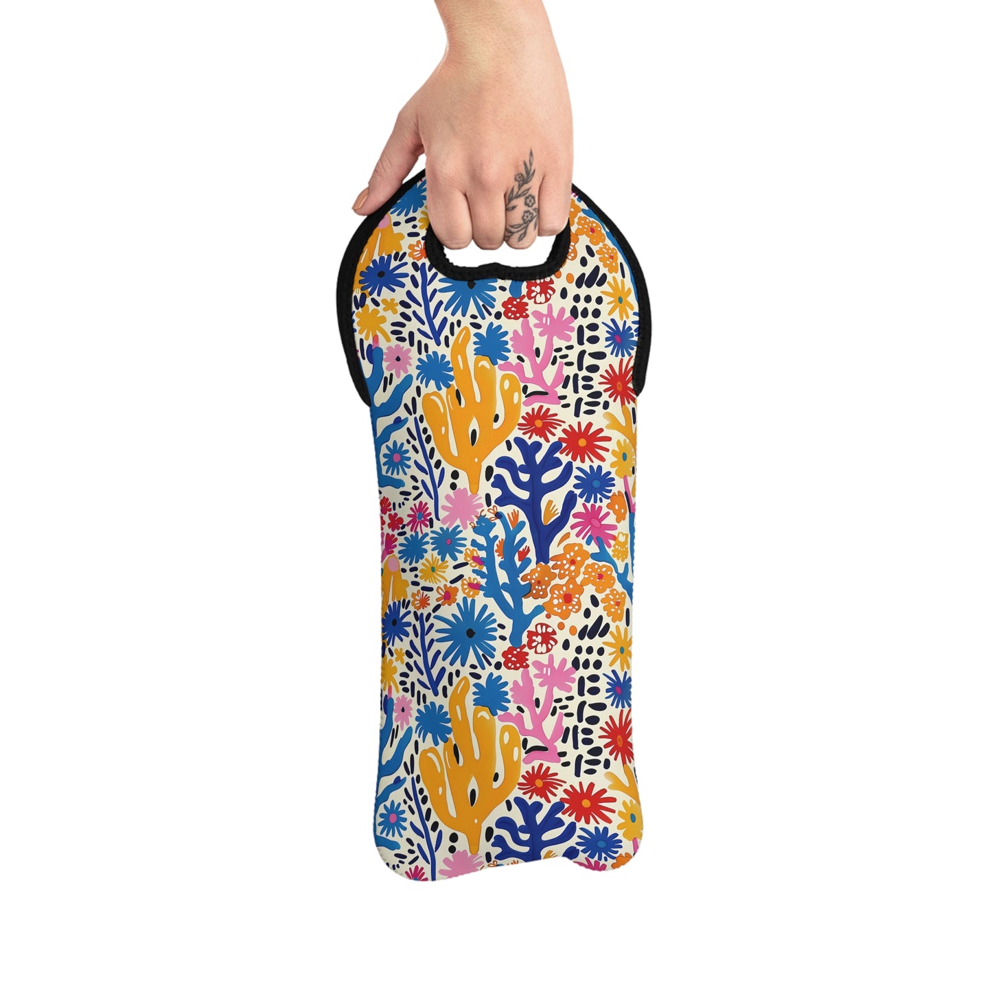 Coral Bloom Harmony Wine Tote Bag - 100% Neoprene - Spring into Style with Geometric Charm!