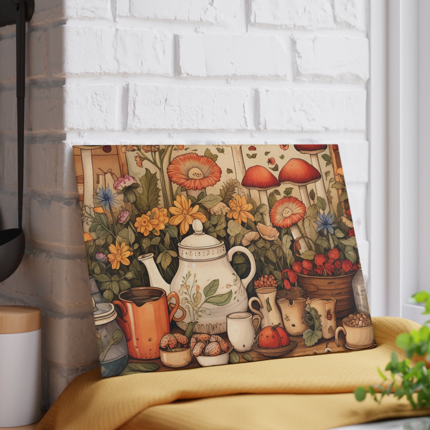 Country Teapot and Wildflowers Glass Cutting Board - Available in 2 sizes.