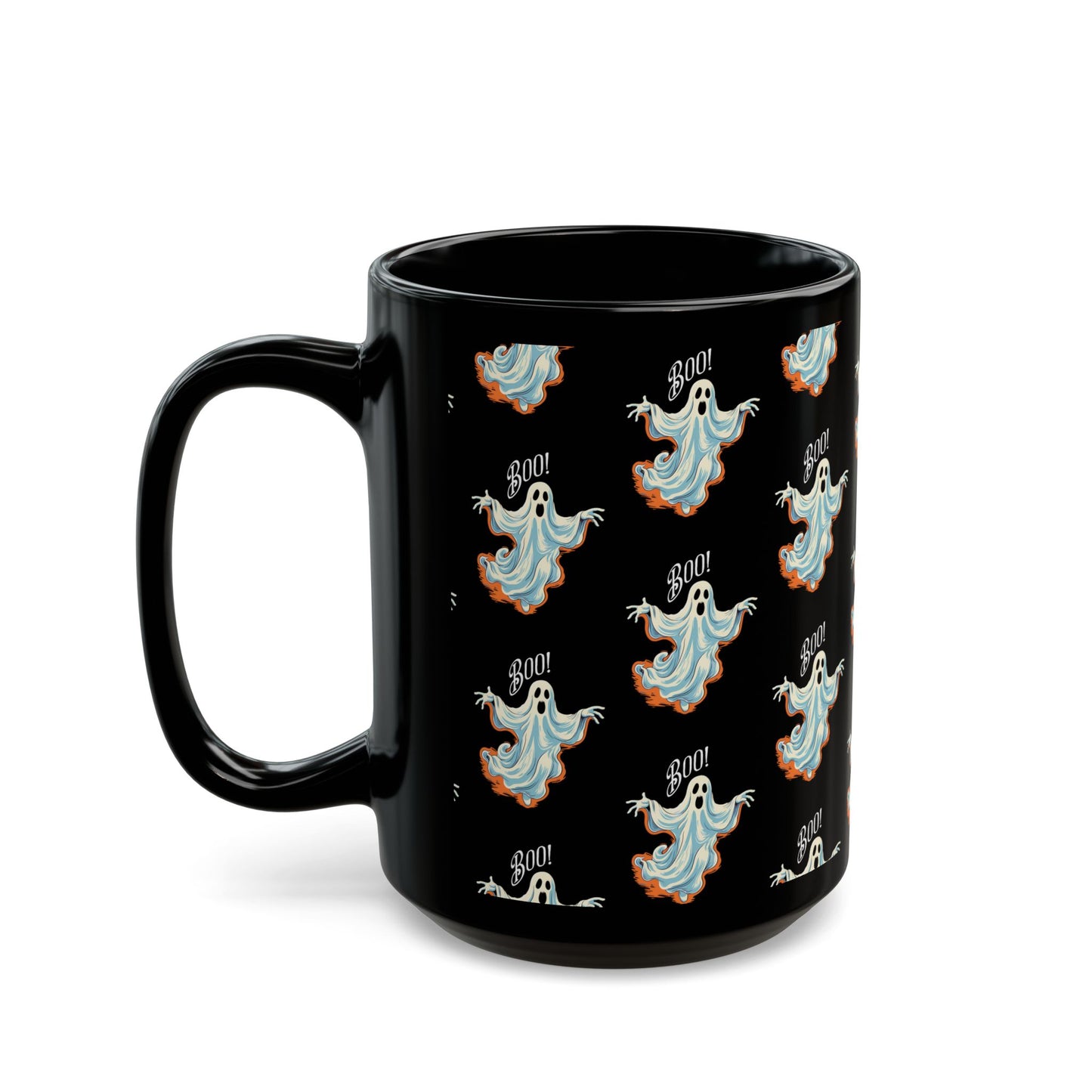 Boo! Chic Retro Ghost Halloween Black Mug - 11oz, 15oz - Sip in Spooky Style with a Retro Twist!