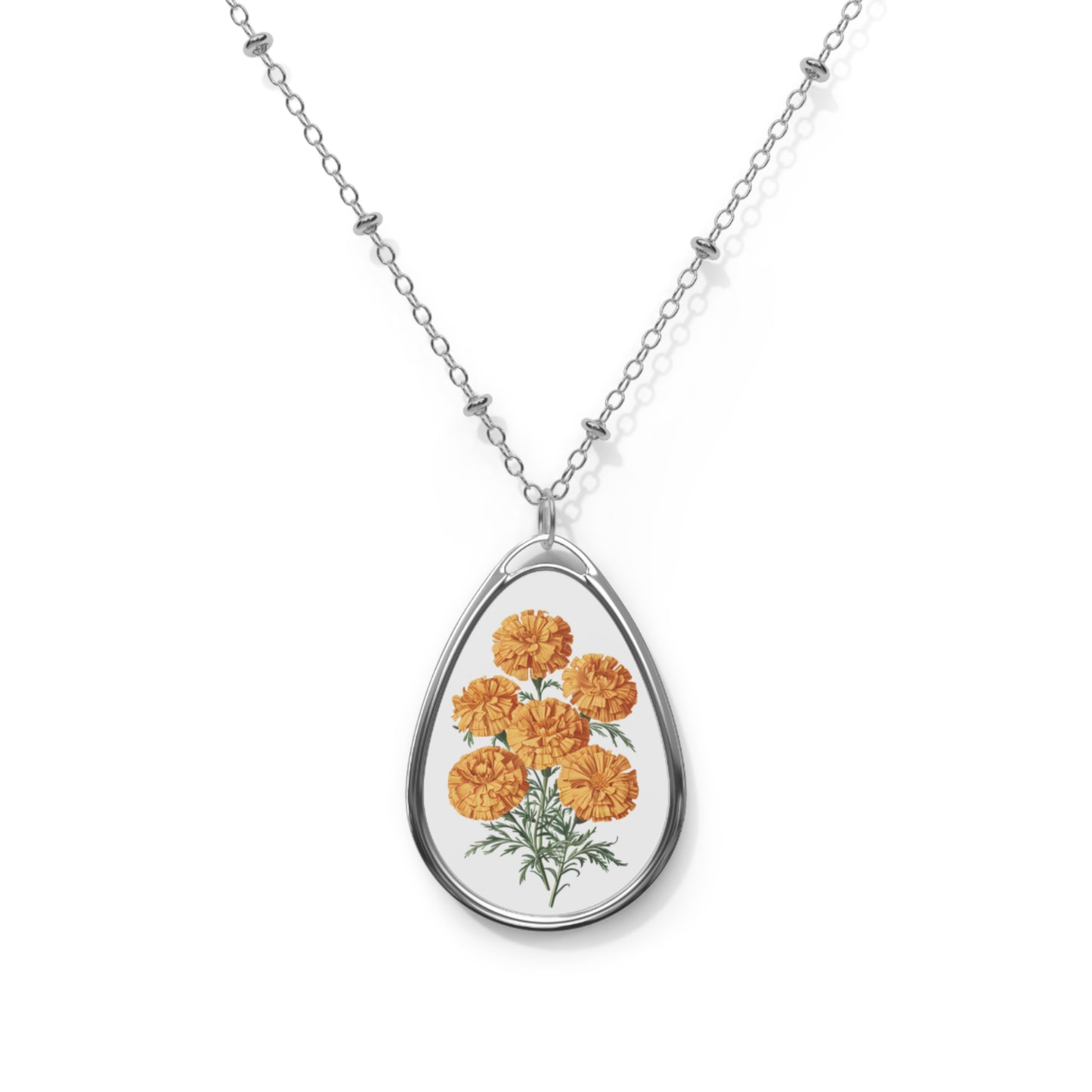 October Birth Month Flower - Marigolds Oval Pendant Necklace - Radiate Warmth and Creativity with October’s Marigold Majesty!