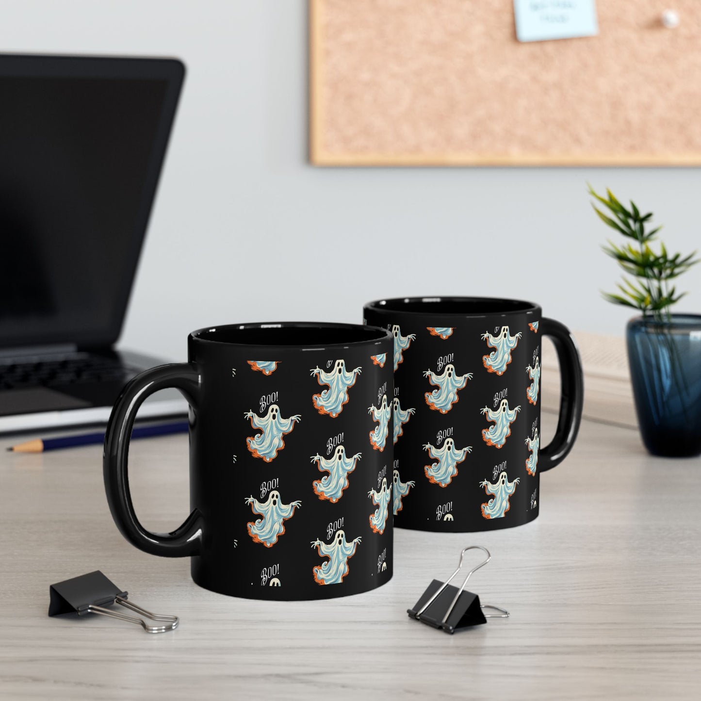 Boo! Chic Retro Ghost Halloween Black Mug - 11oz, 15oz - Sip in Spooky Style with a Retro Twist!