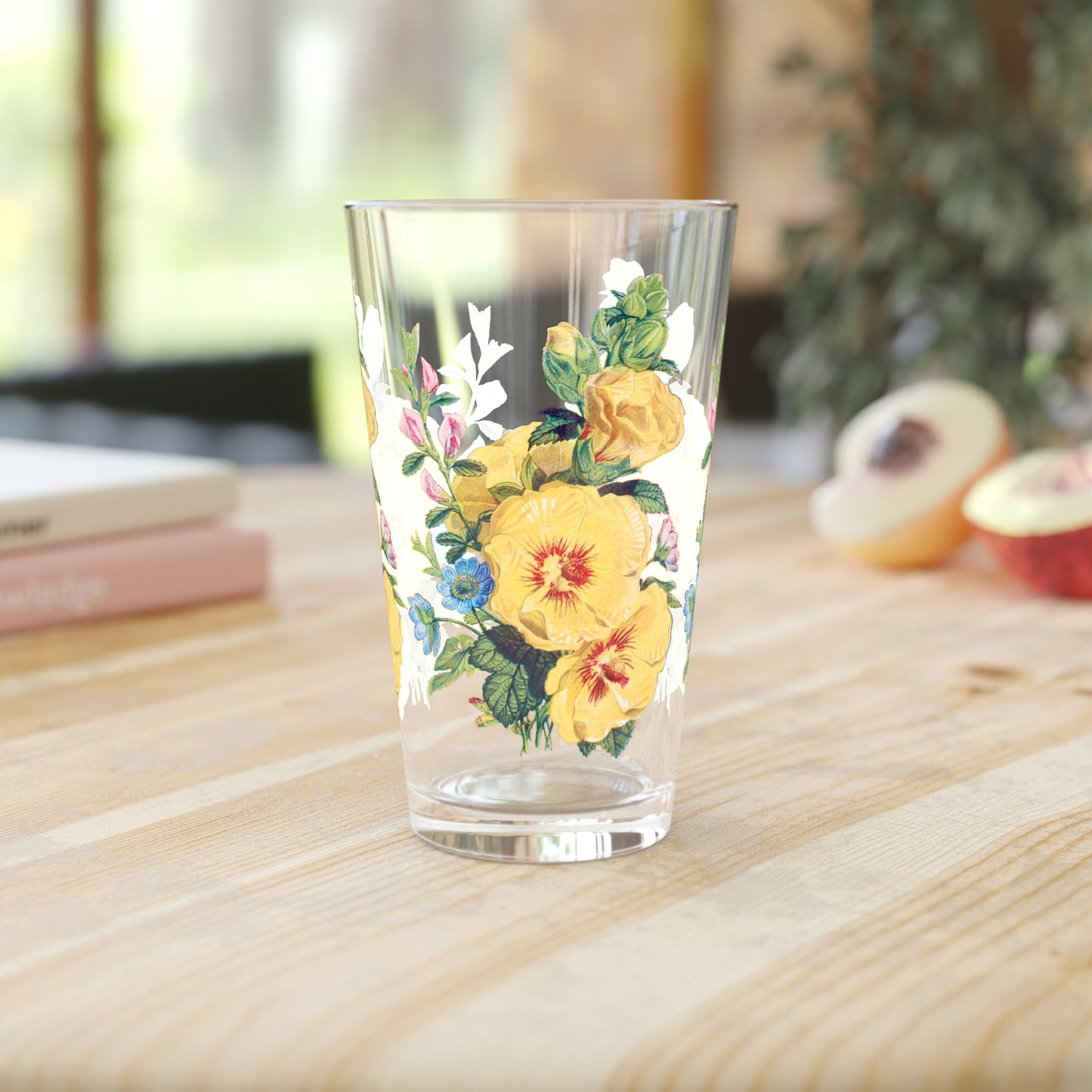 Vintage Yellow Bloom Serenity Pint Glass - 16 oz - Savor the Vintage Floral Elegance! From Our Vintage Floral Collection.