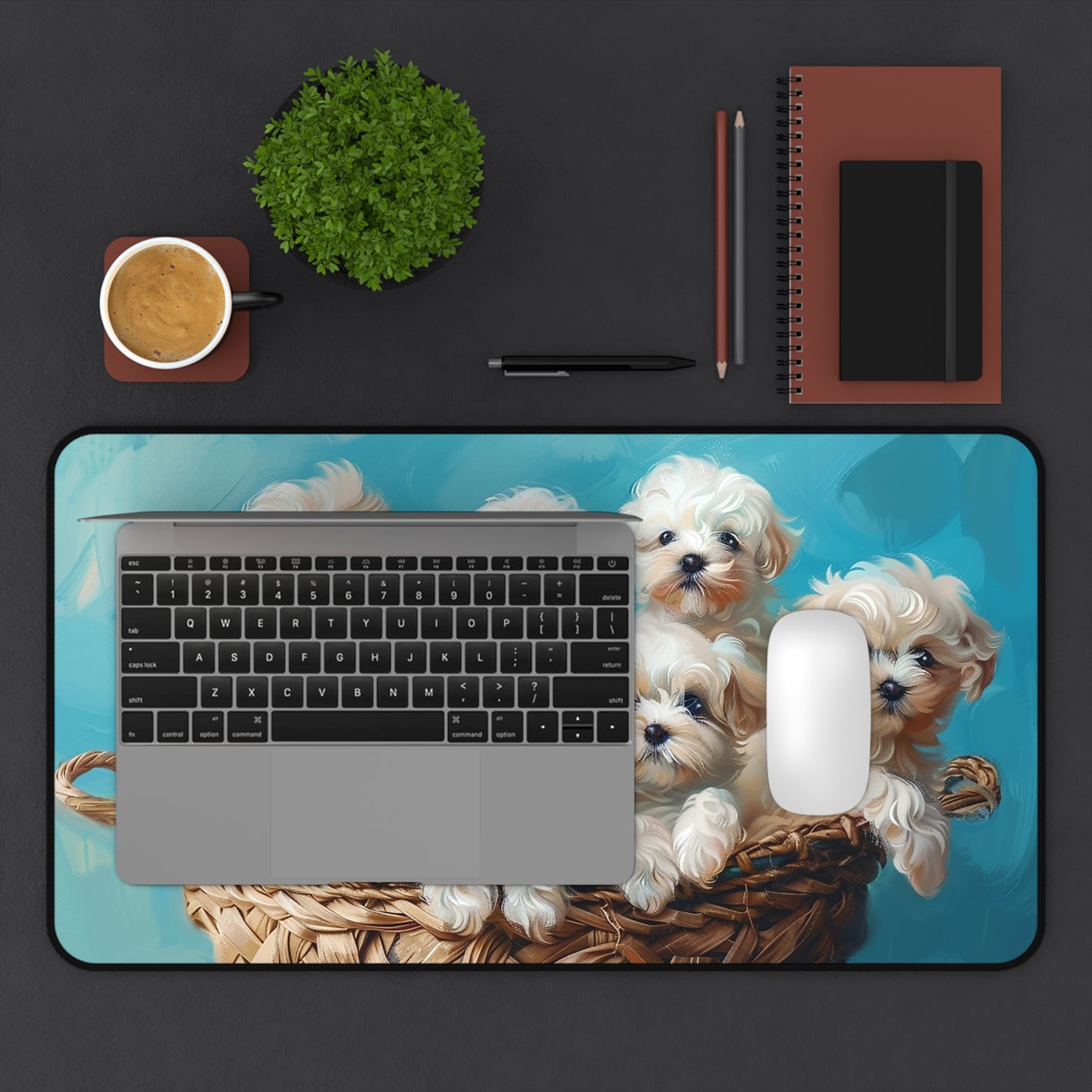 Basket of Puppy Love Desk Mat (Desk Pad) - Spread the Puppy Love - Soft Paws on Your Workspace! Available in 3 sizes.