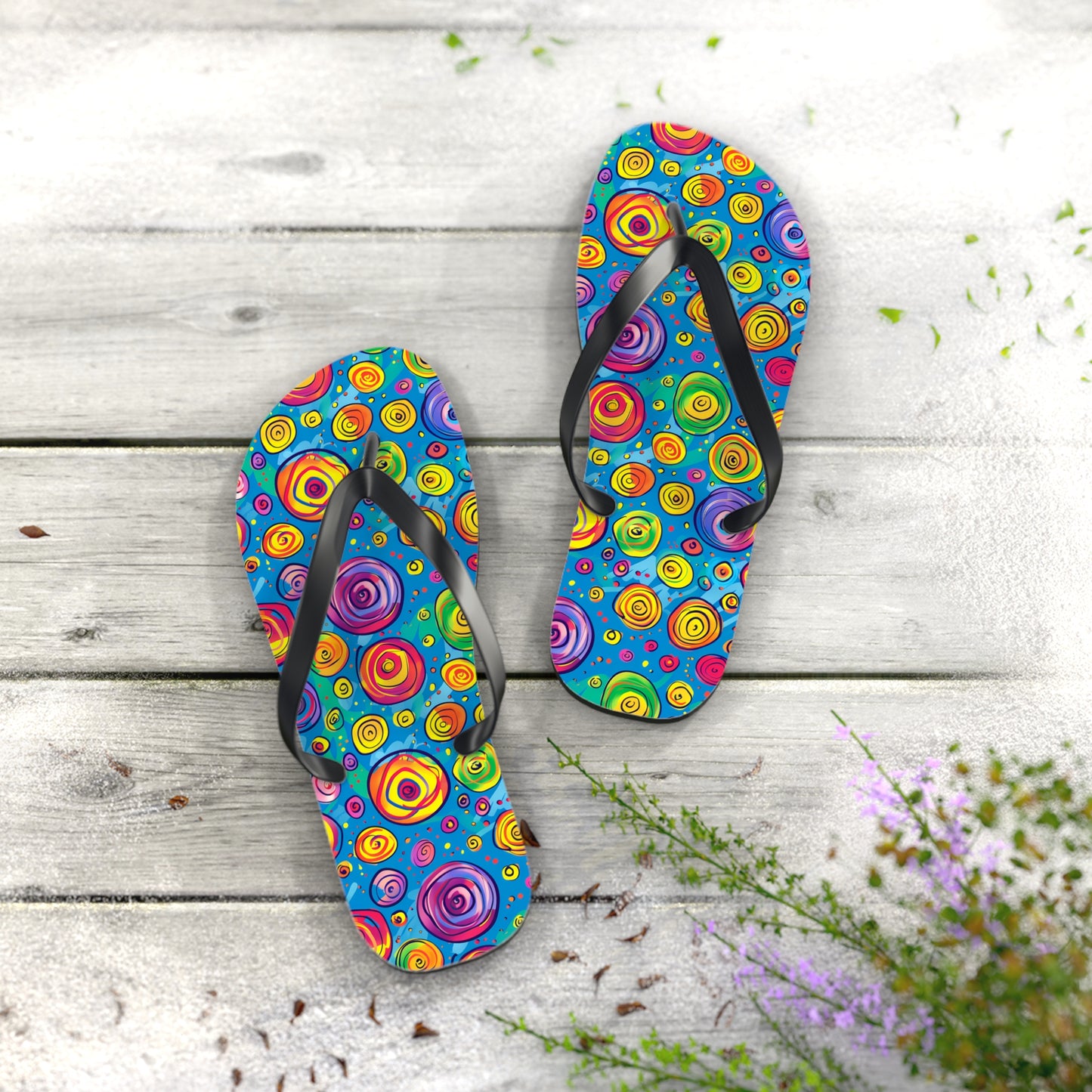 Color Whirl Flip Flops. 5/8" Thick Comfortable Summer or Winter Gym/Sauna Footwear for Men and Women.