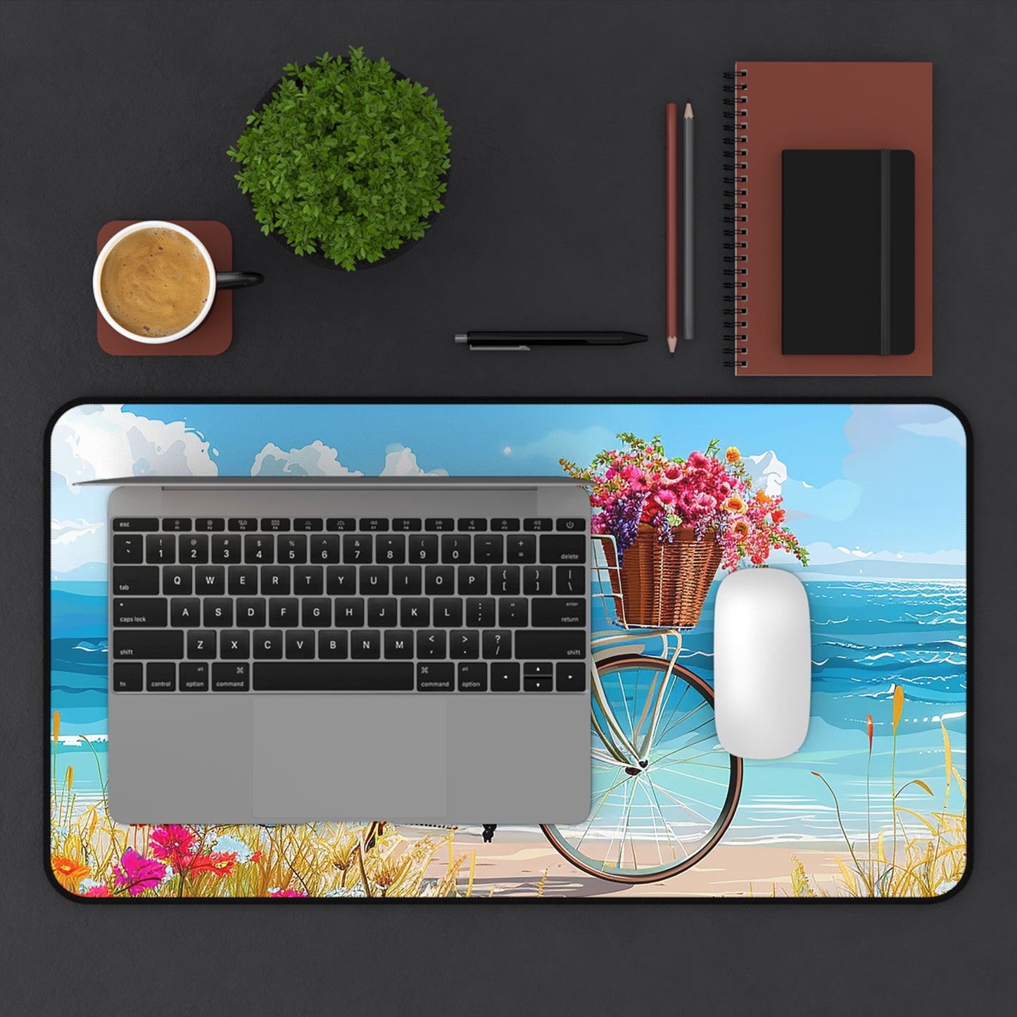 Daisy Beach Rider Desk Mat - Cycle the Beach During Your Work - Gorgeous Bike, Flowers & Beach! Available in 3 sizes.