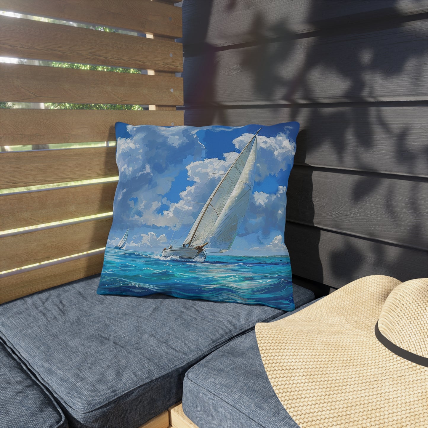 Ocean Breeze Sailing Square Outdoor Pillow - Spun Polyester - Double-Sided Print - UV-Resistant - Water-Resistant - Available in 3 sizes.